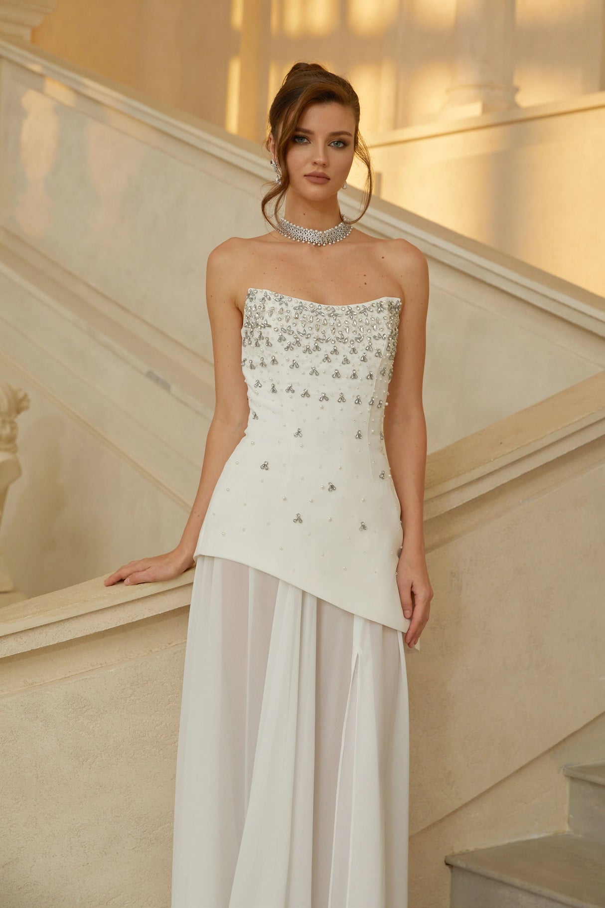 Melisande White Embellished Dress Skirt Set
