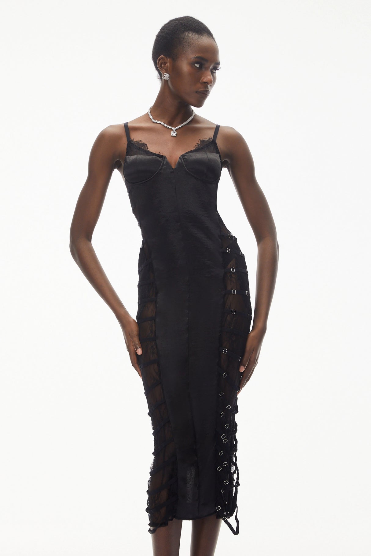 Melora Black Floral Lace SemiSheer Midi Dress