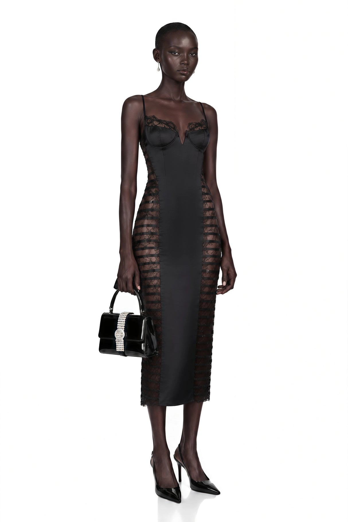 Melora Black Floral Lace SemiSheer Midi Dress
