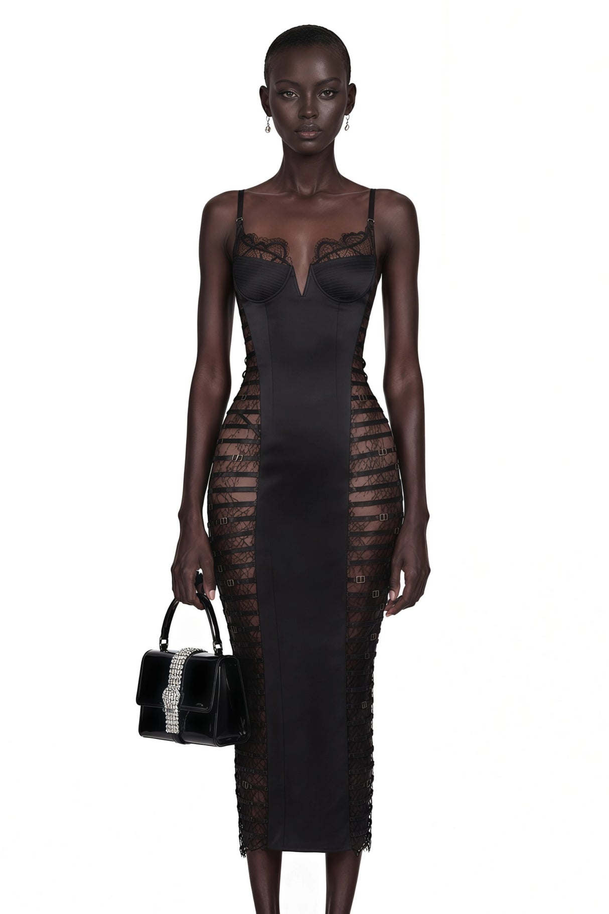Melora Black Floral Lace SemiSheer Midi Dress