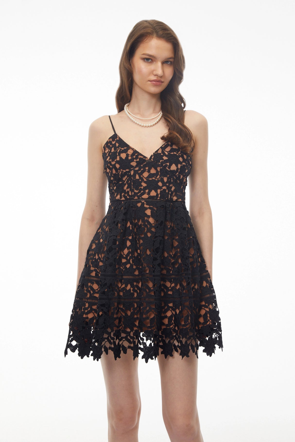 Meredith Black VNeck Floral Lace Mini Dress