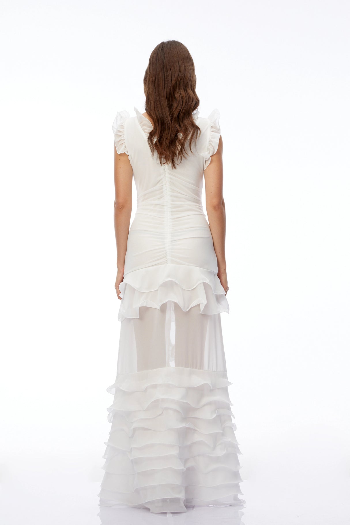 Meredith White VNeck Tiered Ruffled Maxi Dress