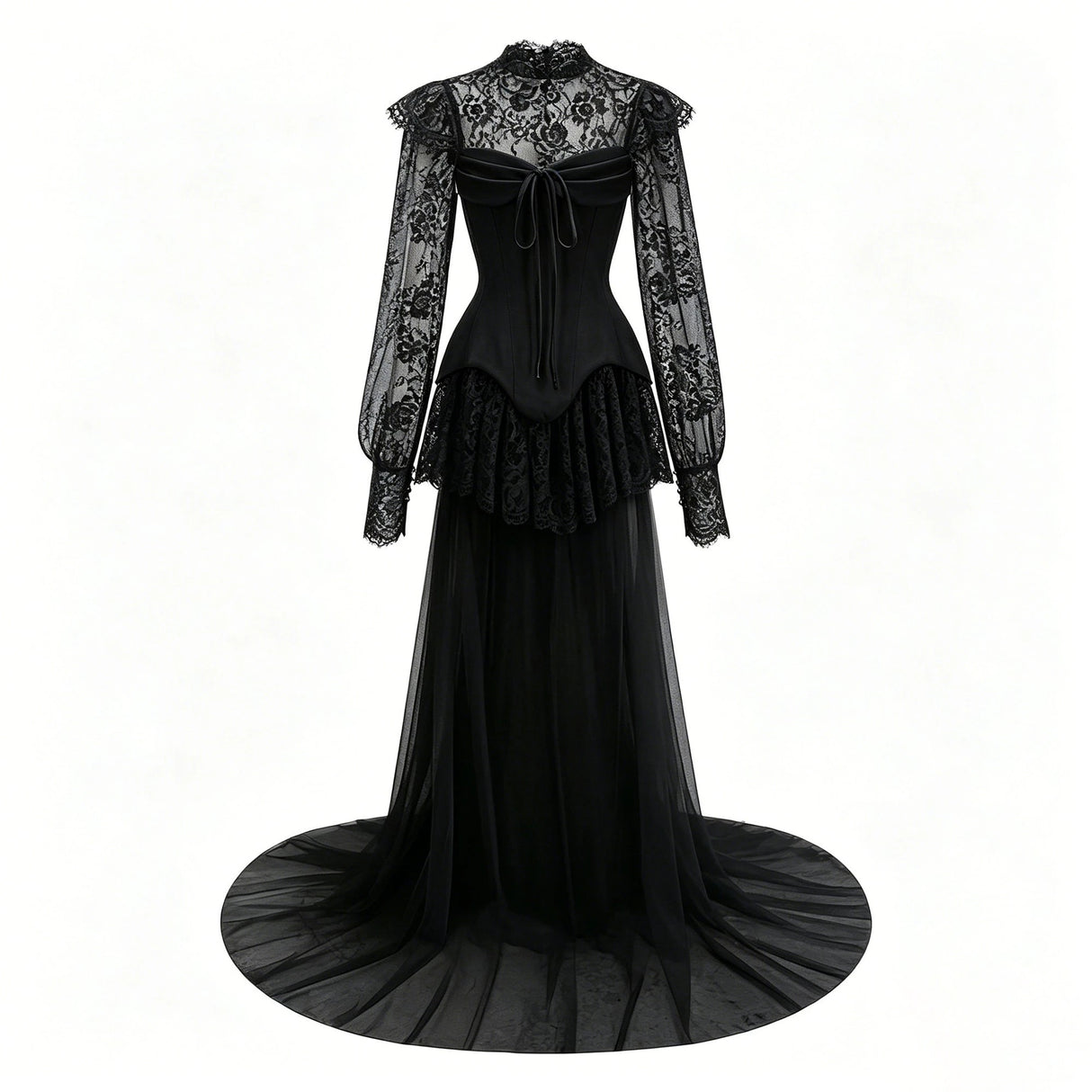 Michalina Black Lace Convertible Gown with Long Sleeves