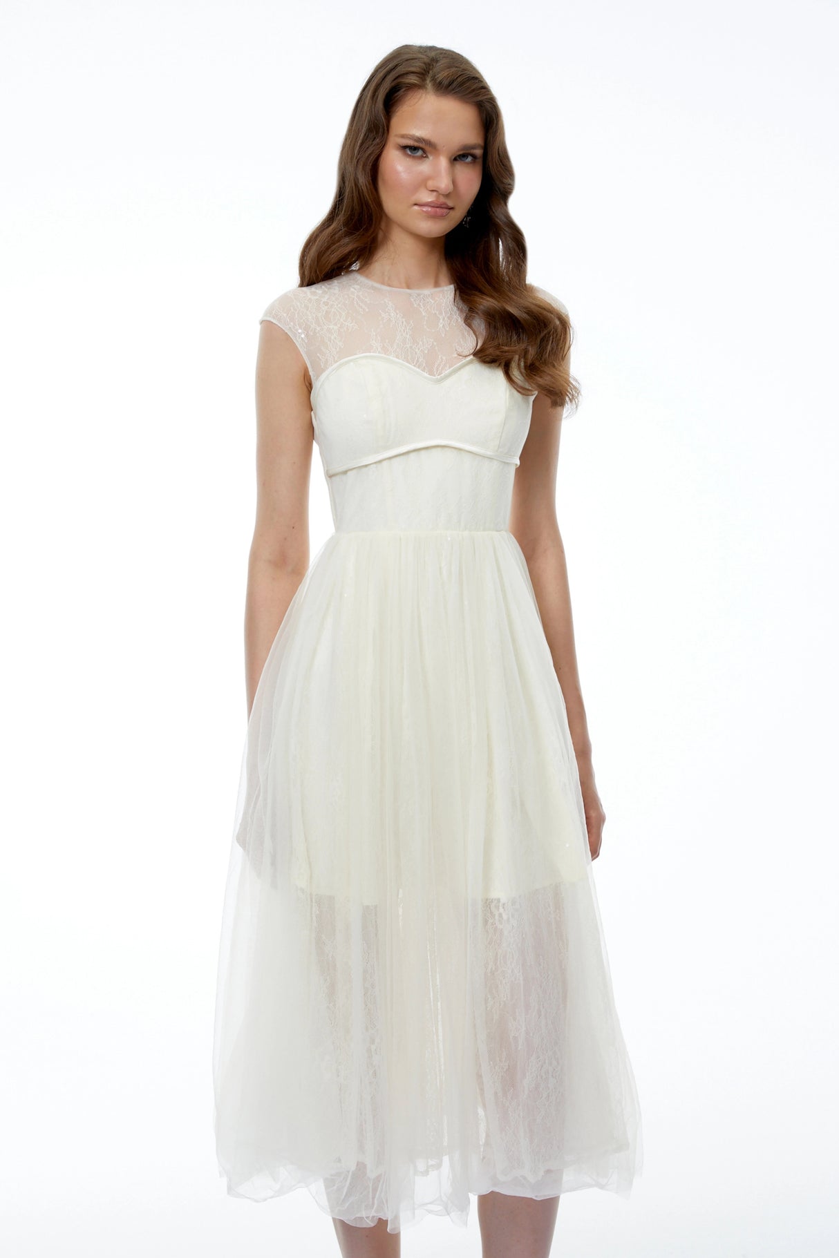Mila Cream SemiSheer Tulle Midi Dress