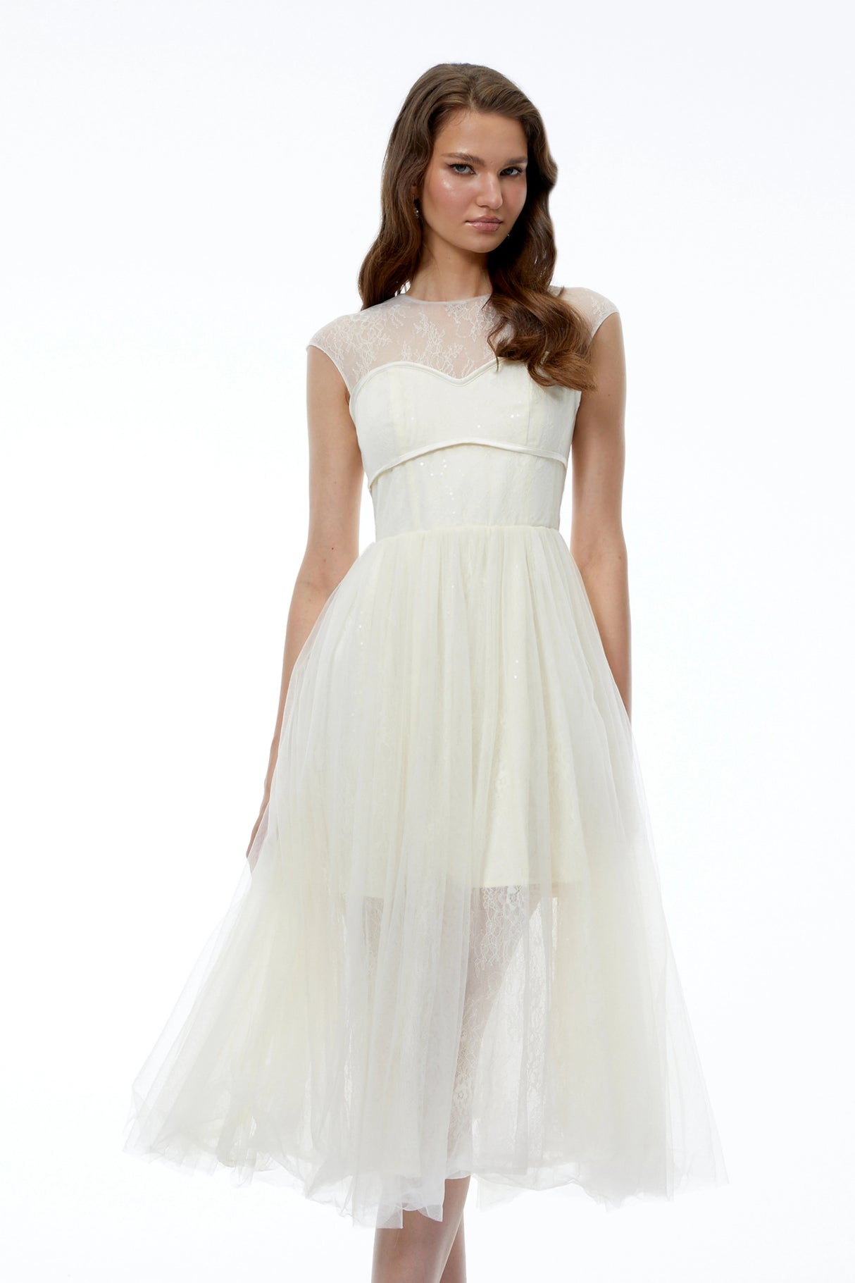 Mila Cream SemiSheer Tulle Midi Dress