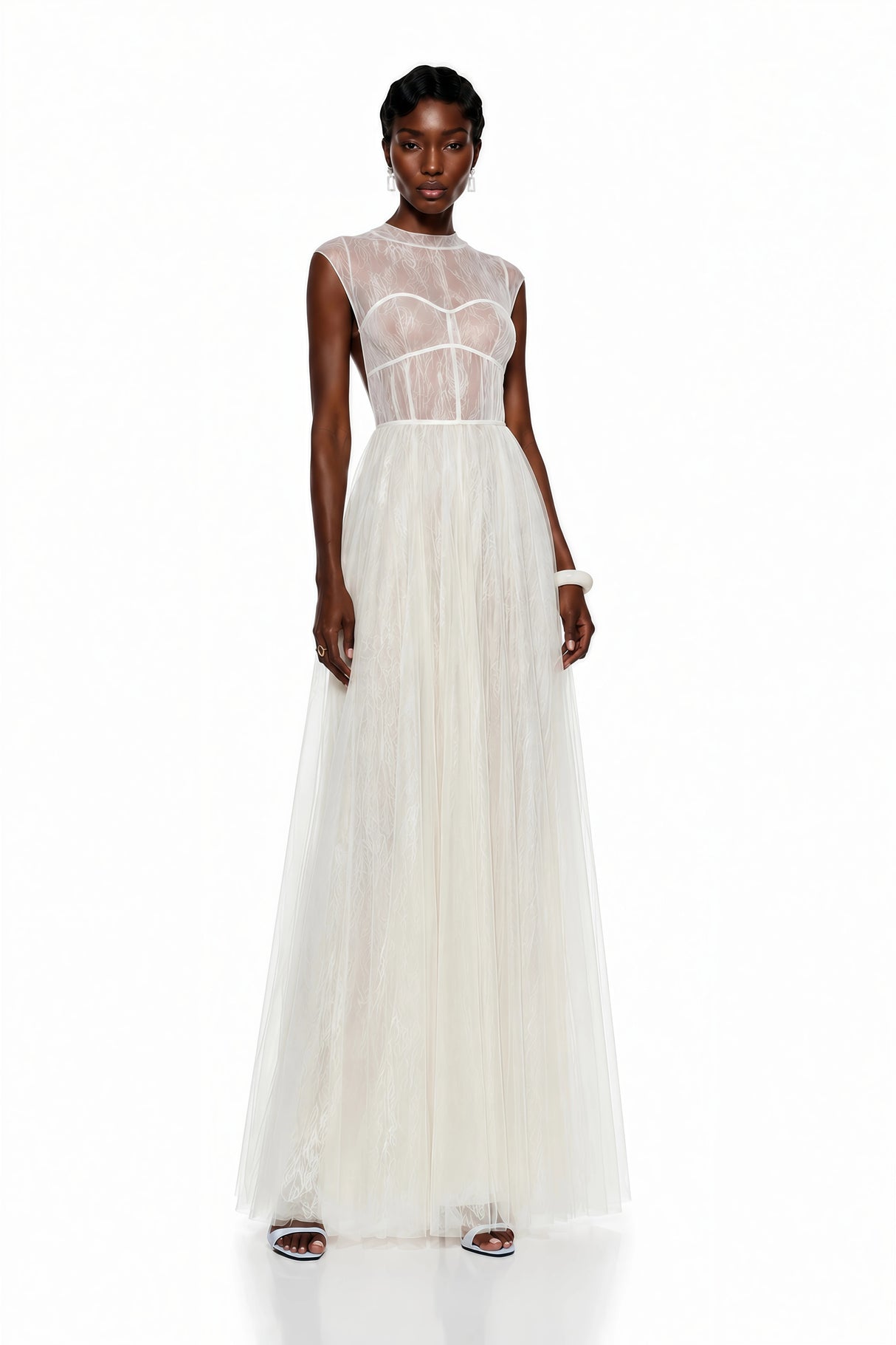 Mila Cream SemiSheer Tulle Midi Dress