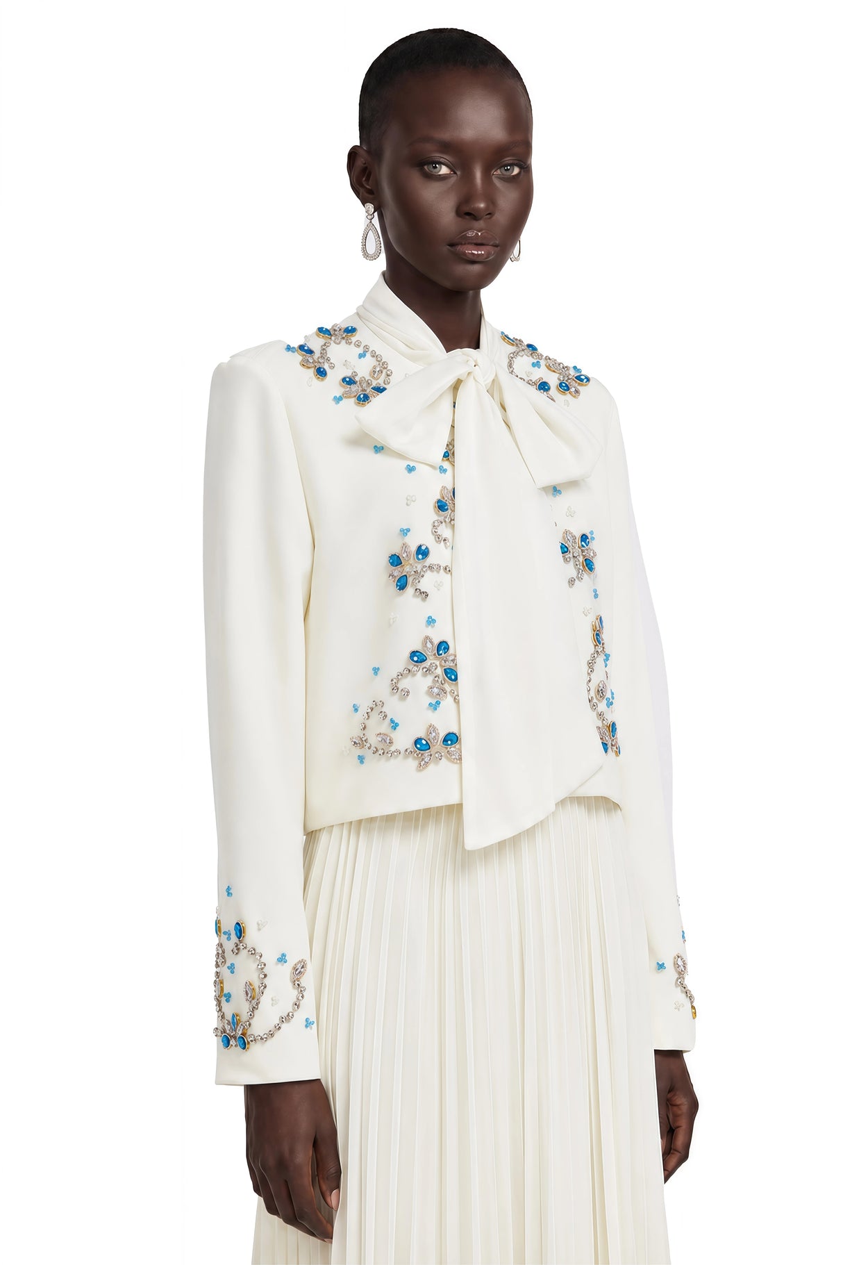 Mildred White Rhinestone Coat Pleated Maxi Dress Set
