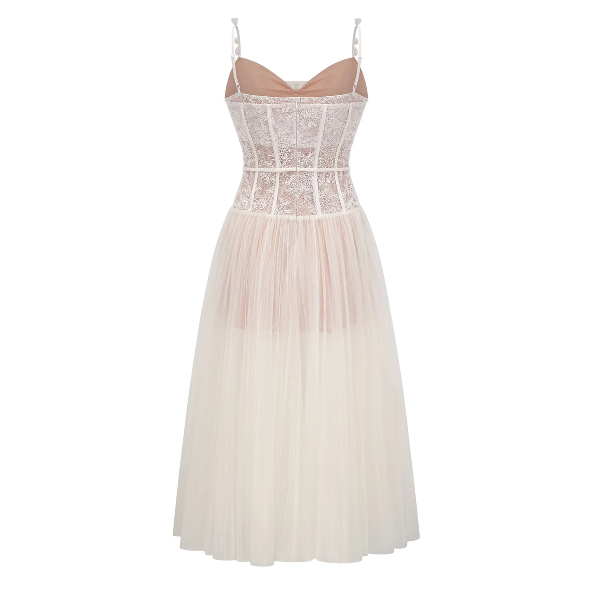 Mira Neutrals Lace Panel Tulle Midi Dress