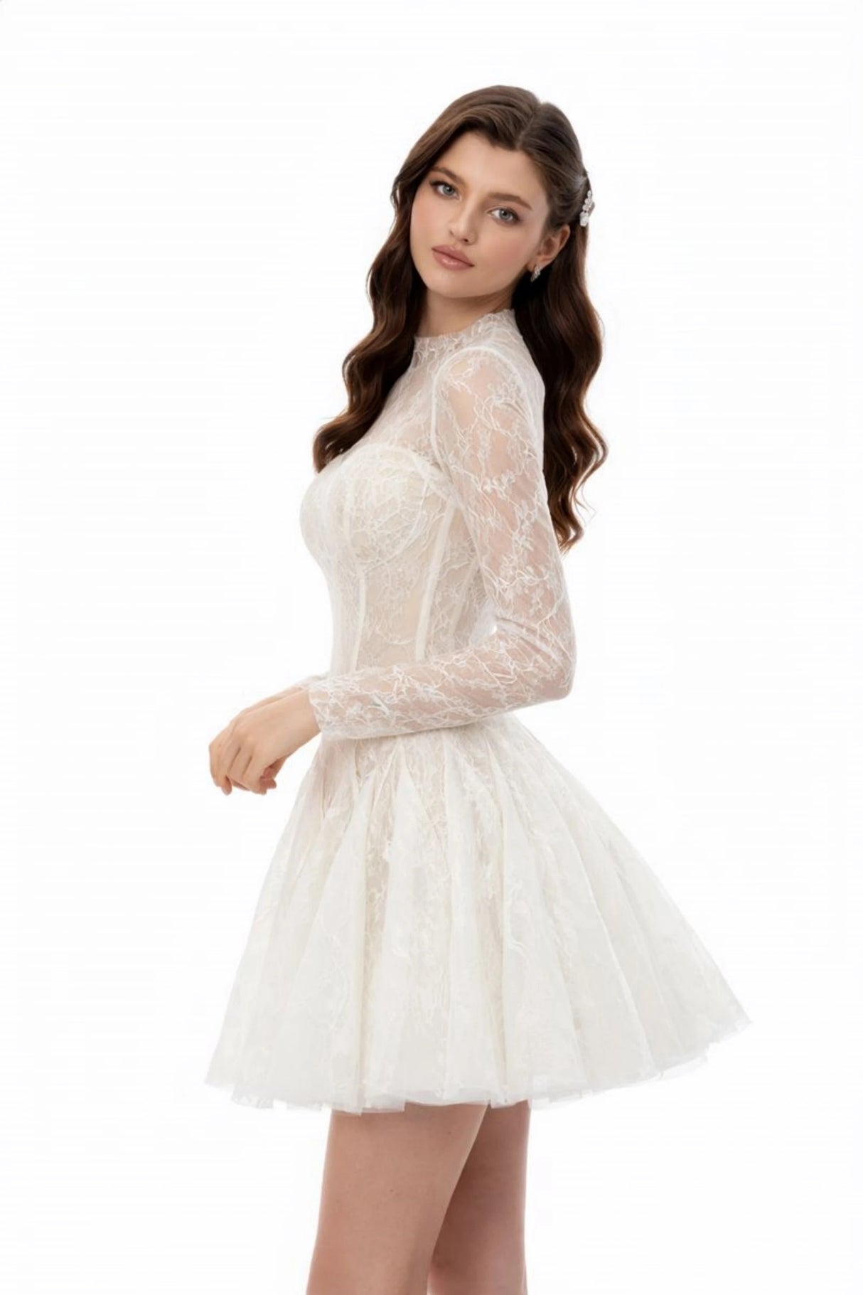 Mirabella White Sequined Floral Lace Mini Dress