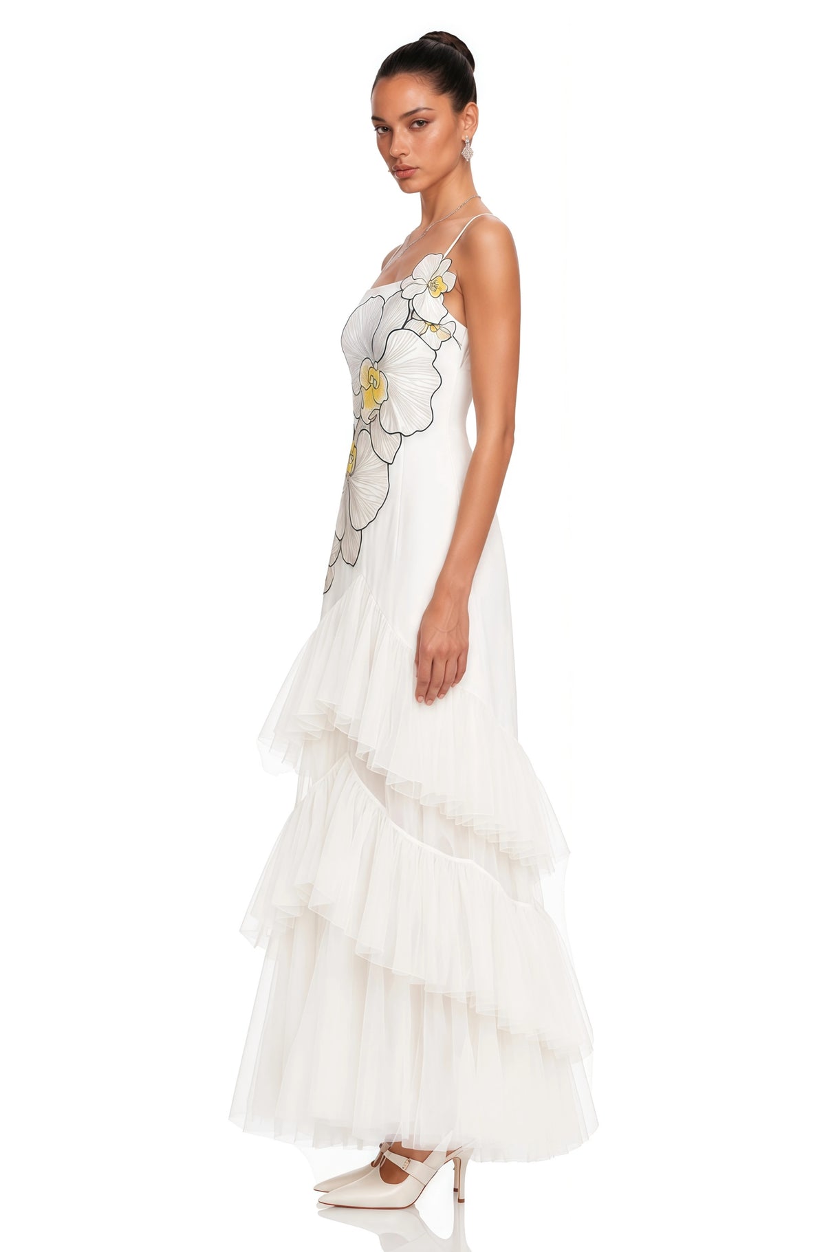 Mireille White Floral Print Ruffled Maxi Dress