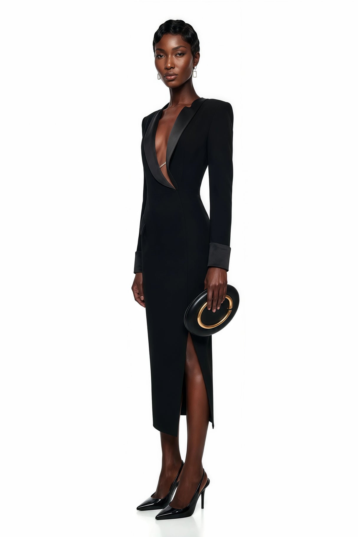 Mirela Black Asymmetrical Plunge Neck Midi Dress