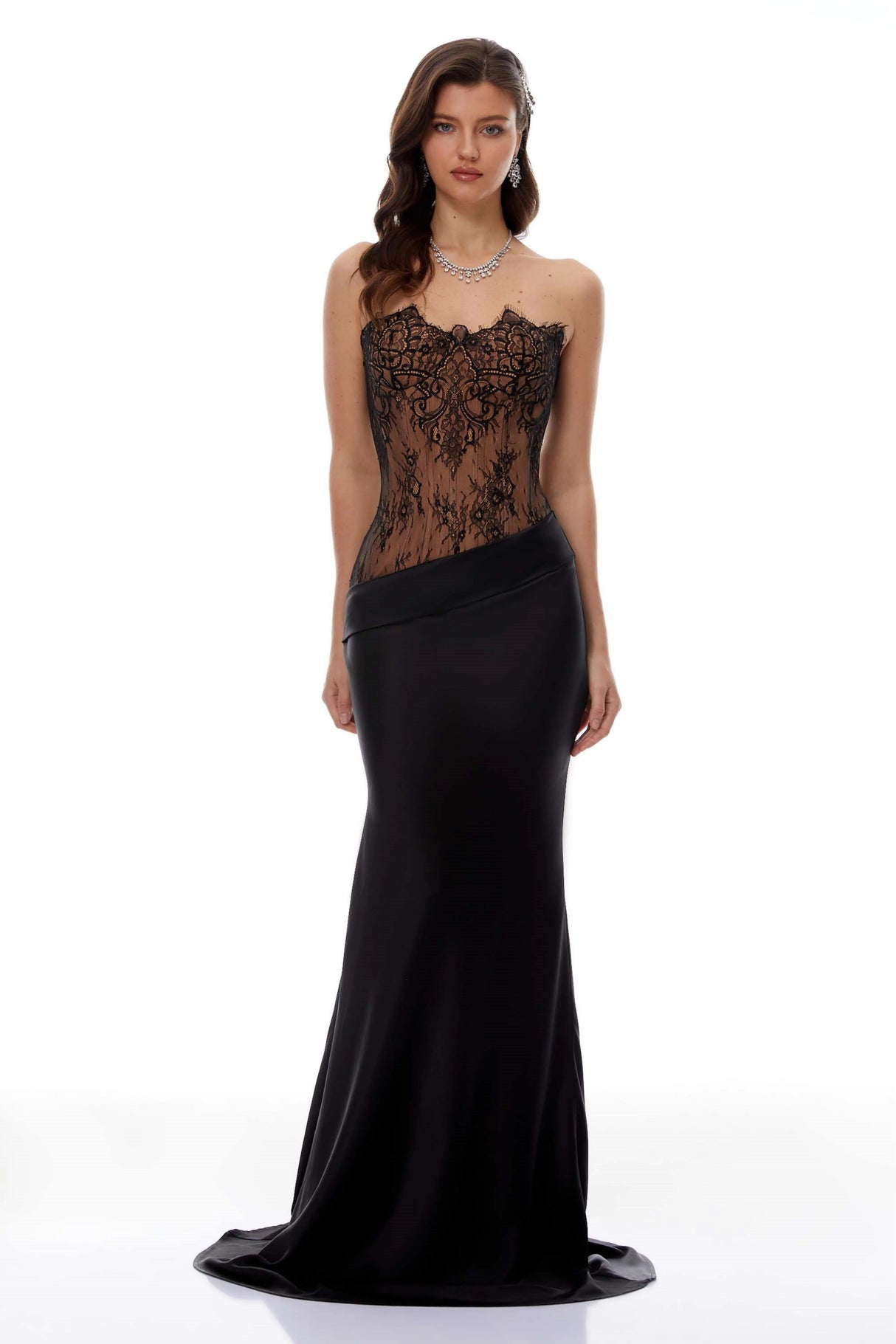 Mirela Black Lace Panel Satin Maxi Dress