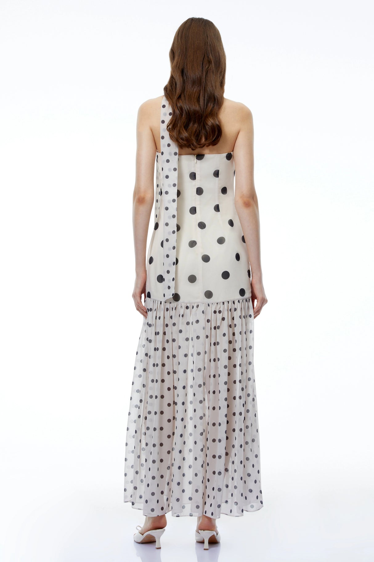 Mirela White Polka Dot Ruched Maxi Dress