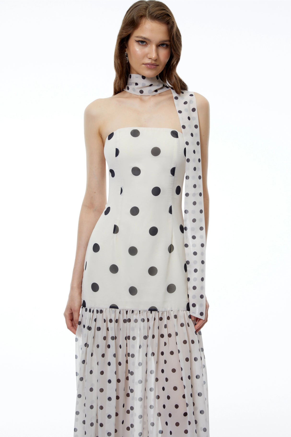 Mirela White Polka Dot Ruched Maxi Dress