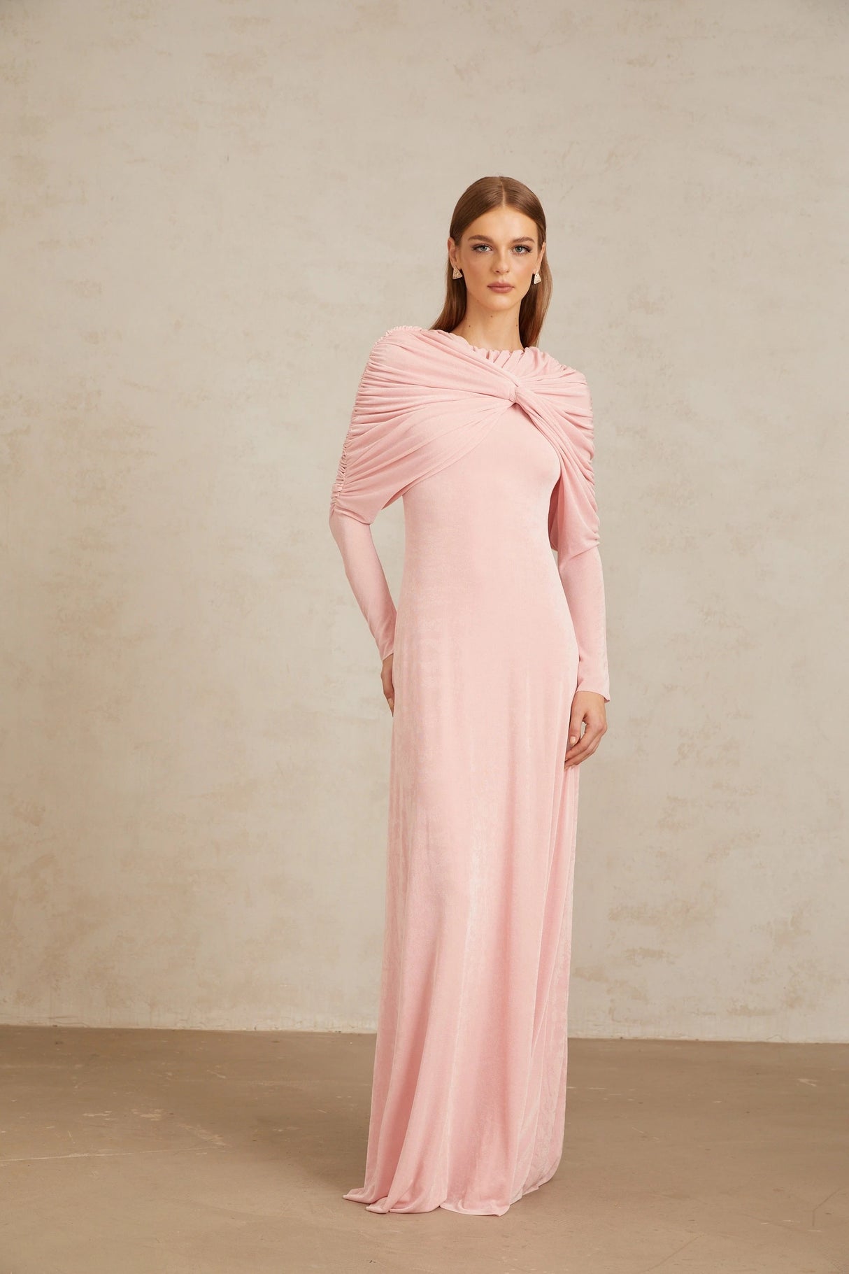 Moderne Pink Shawl Panel Ruched Maxi Dress