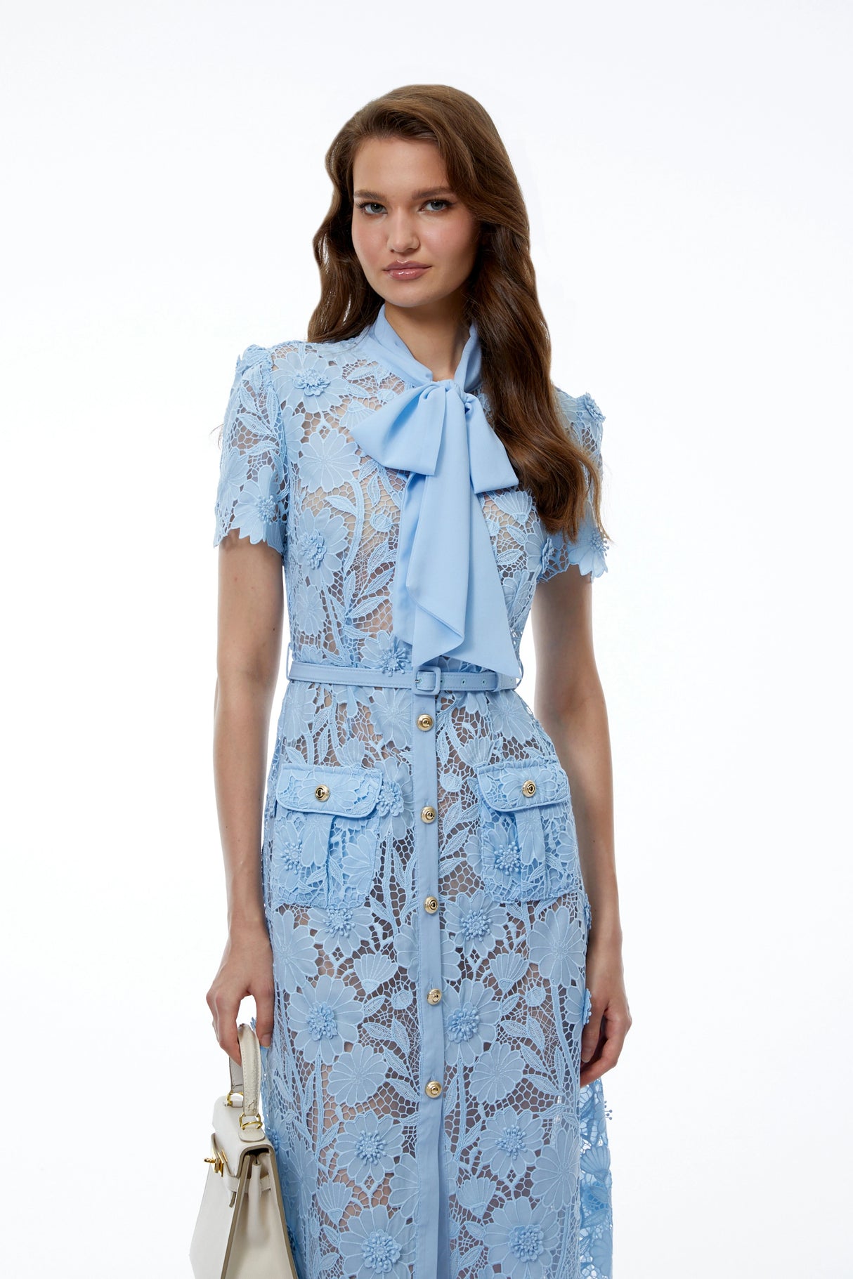 Moeraki Blue 3D Floral Lace Midi Dress with Bow