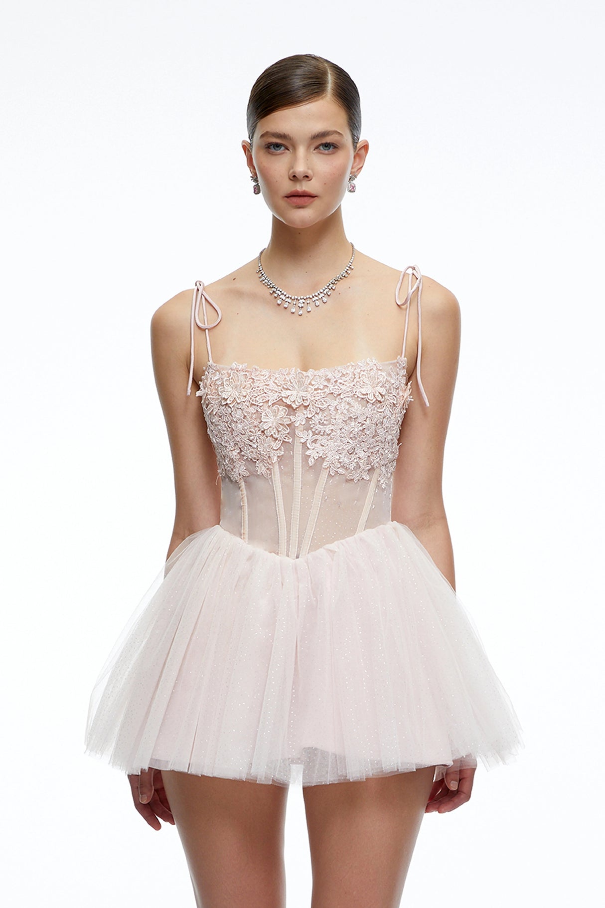 Morgan Pink Floral Lace Corset Tulle Mini Dress