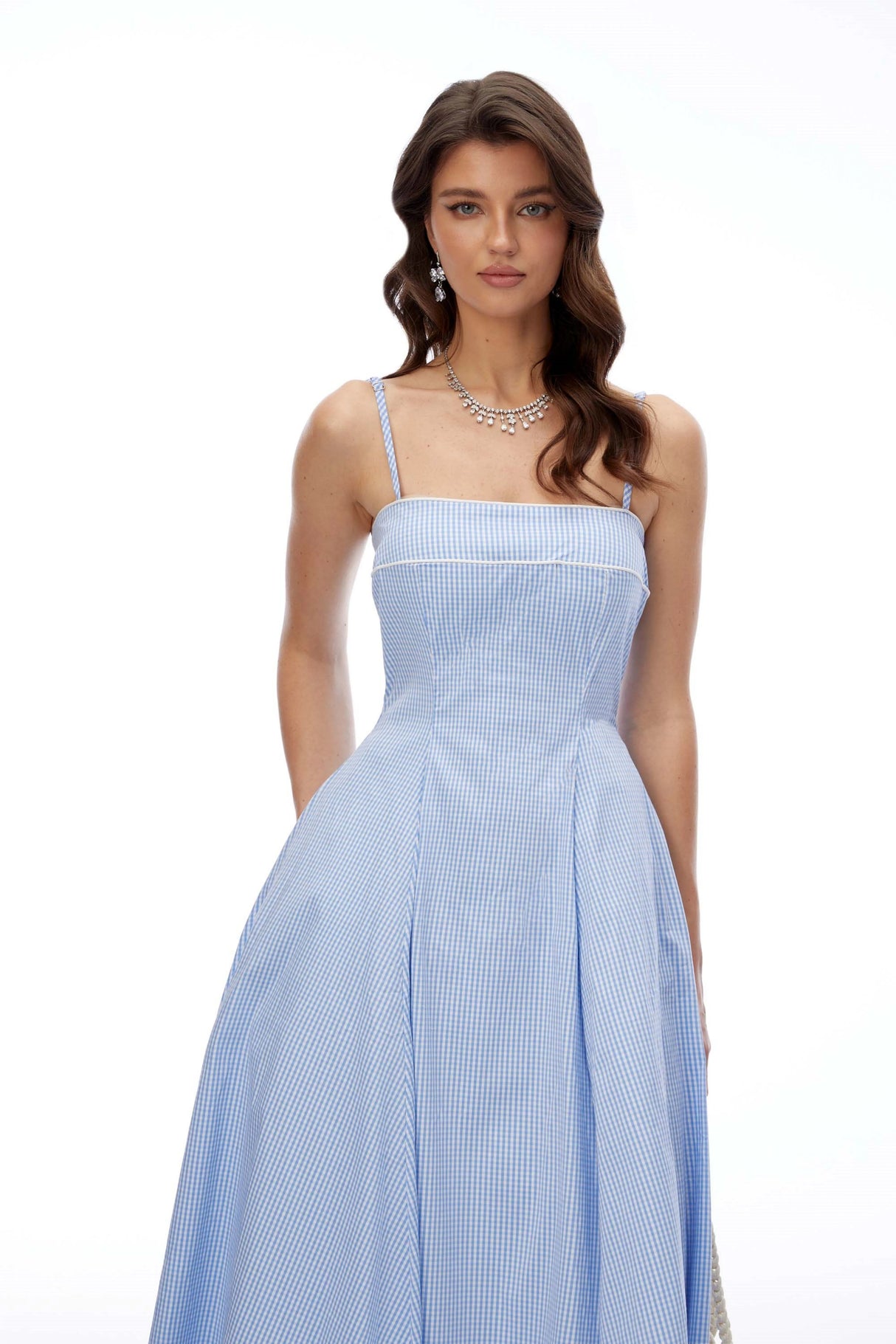 Myrtle Blue Square Neck Plaid Midi Dress