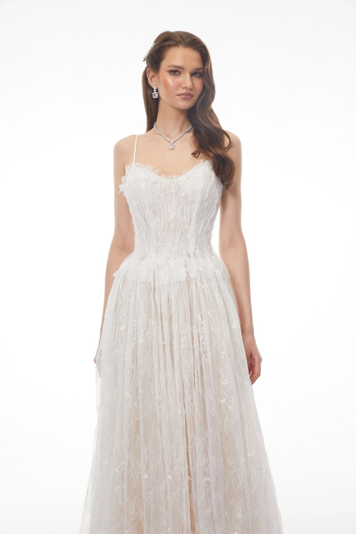 Nadir White Pleated Lace Maxi Dress