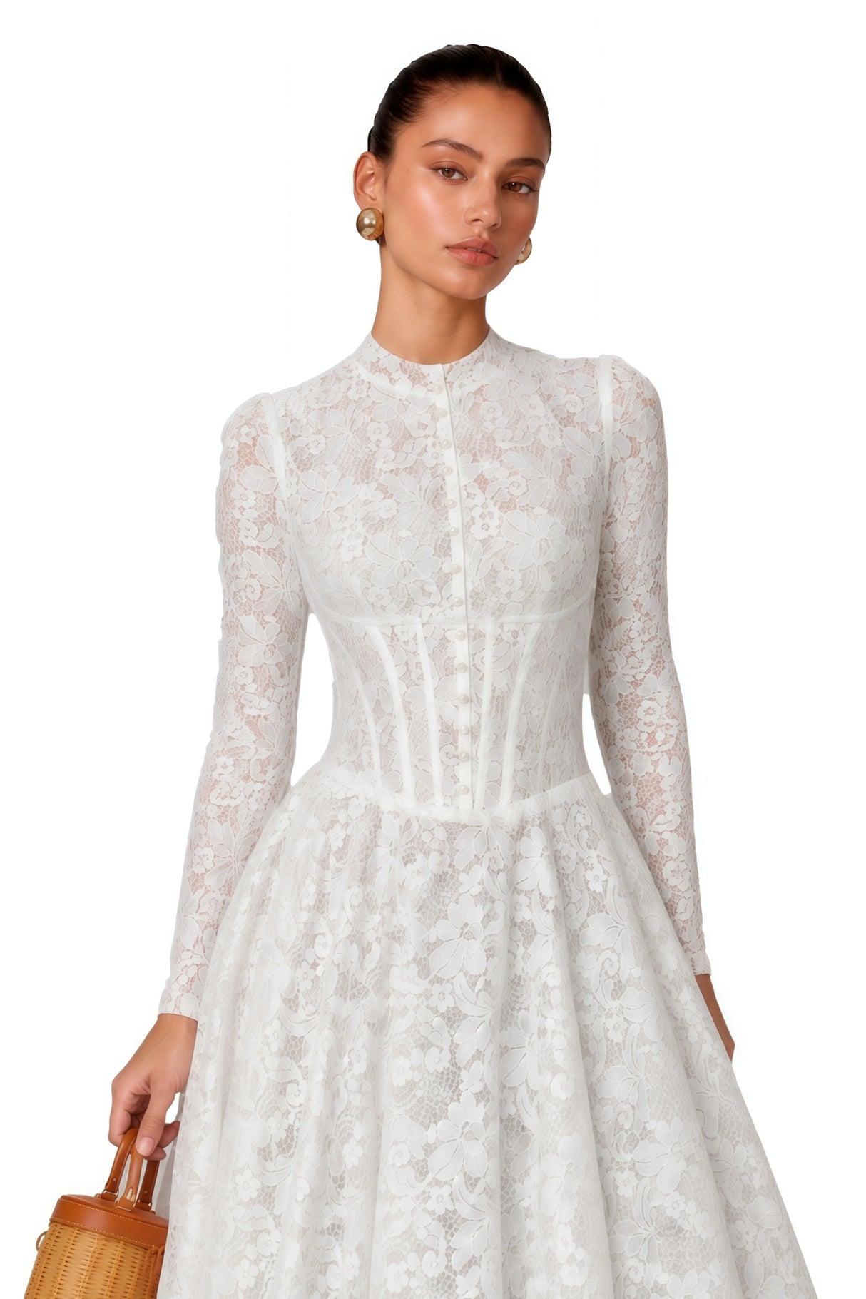 Narges White Lace Maxi Dress with Decorative Buttons