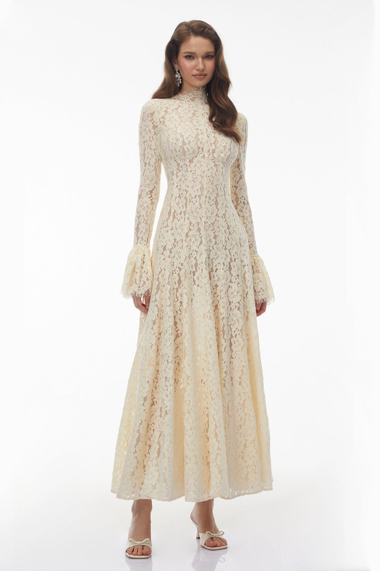 Nasrin White Mock Neck Floral Lace Maxi Dress