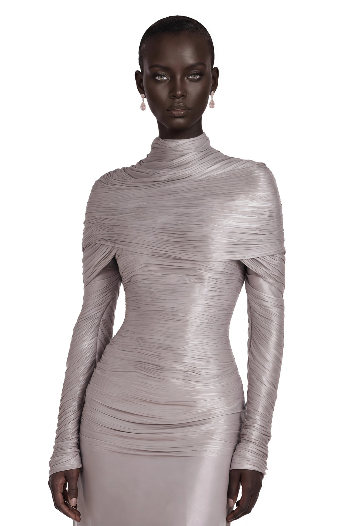 Nerida Silver Turtleneck Ruched Maxi Dress