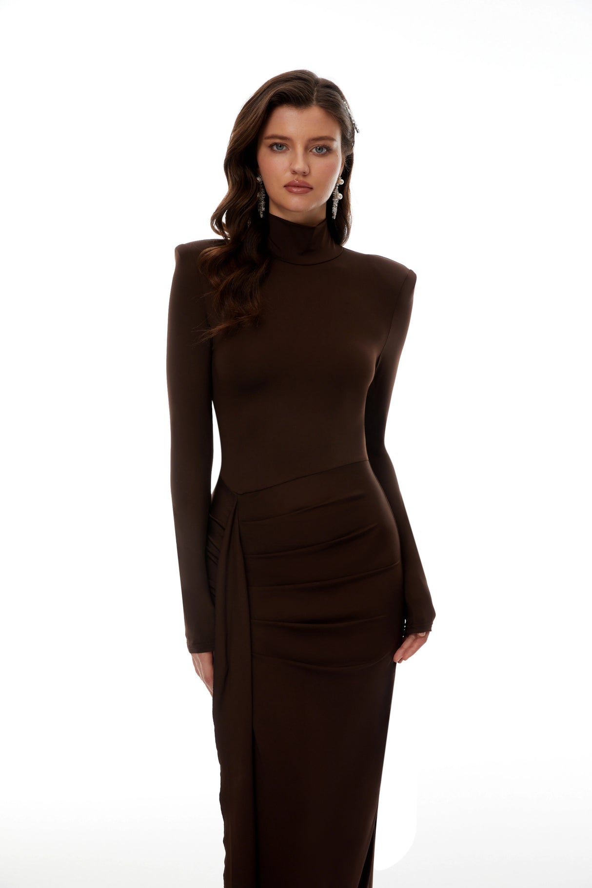 Neve Brown High Neck Twist Knot Maxi Dress