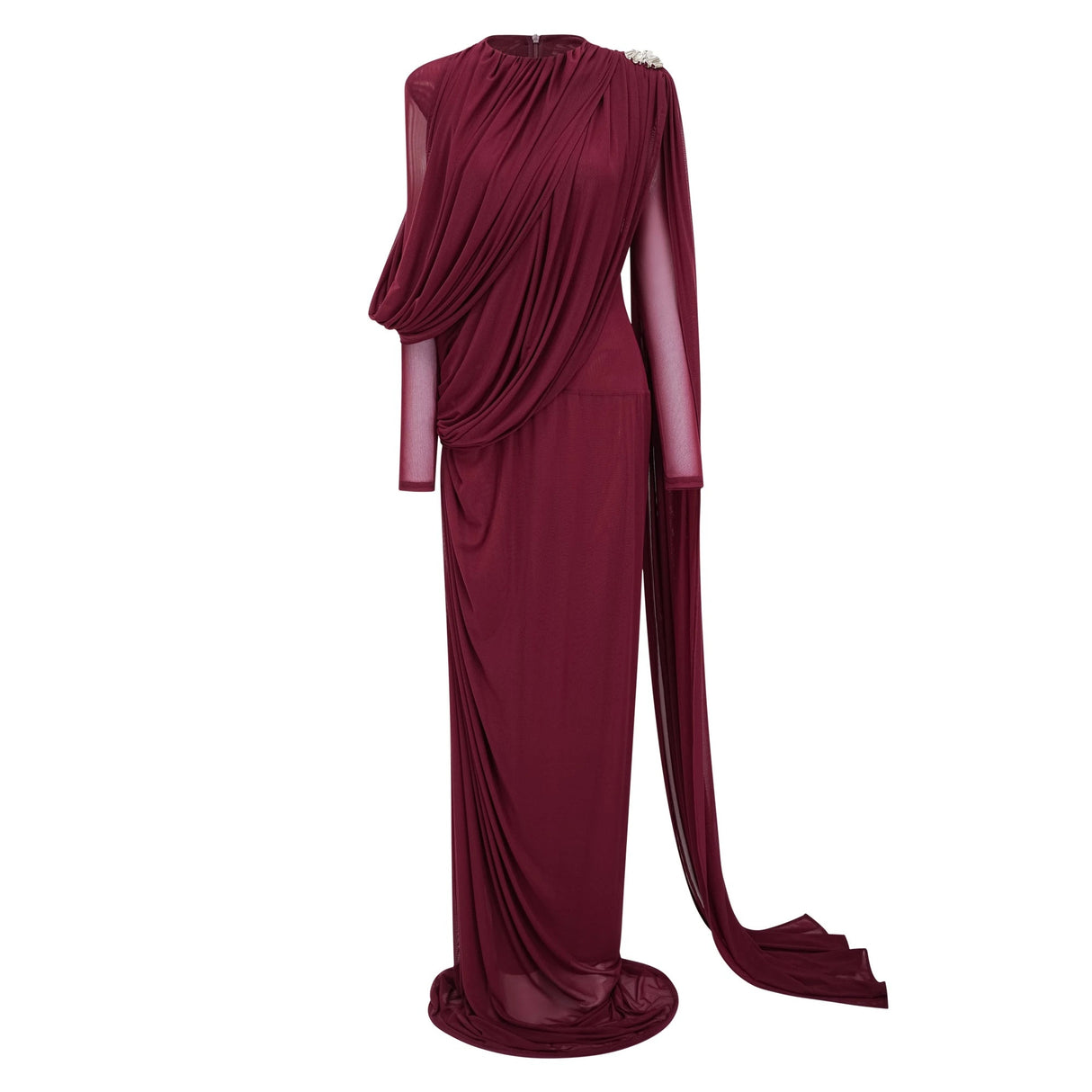 Newton Red Asymmetrical Ribbon Ruched Maxi Dress
