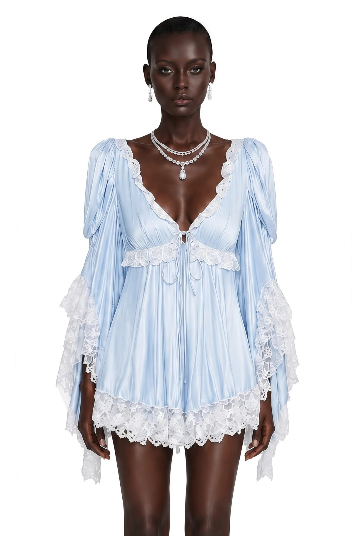 Ngawai Blue Sweetheart Mini Dress with Lace Trim