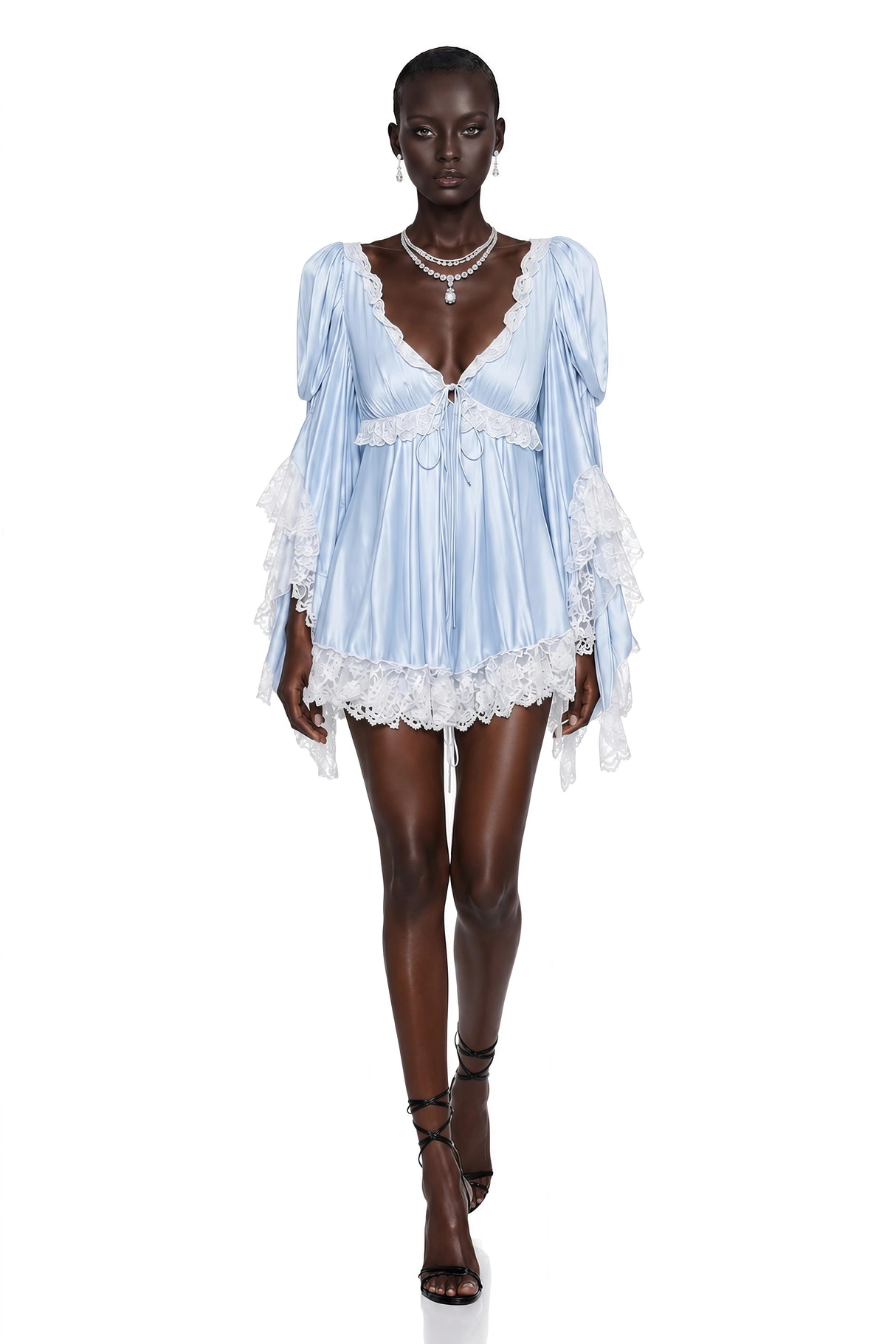 Ngawai Blue Sweetheart Mini Dress with Lace Trim