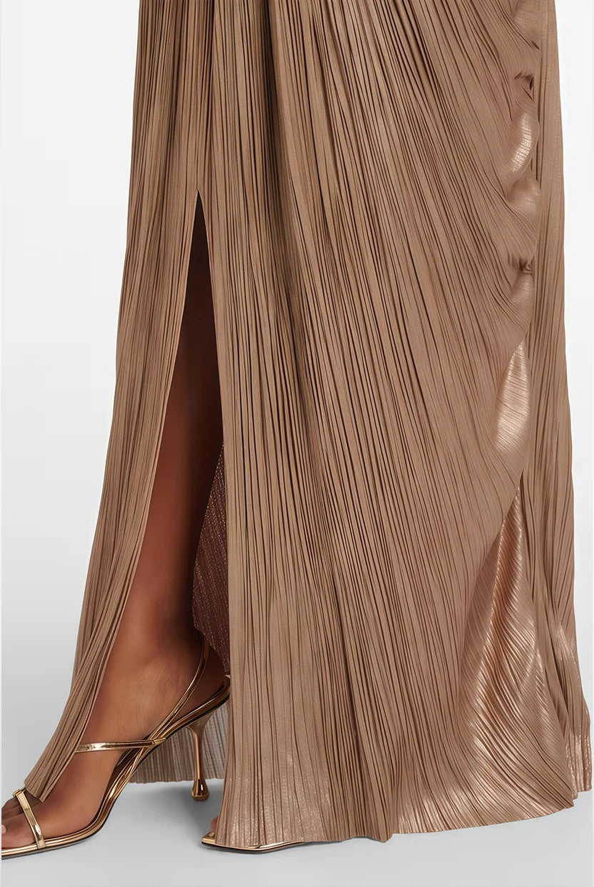 Nicoletta Gold Glossy Pleated Corset Maxi Dress