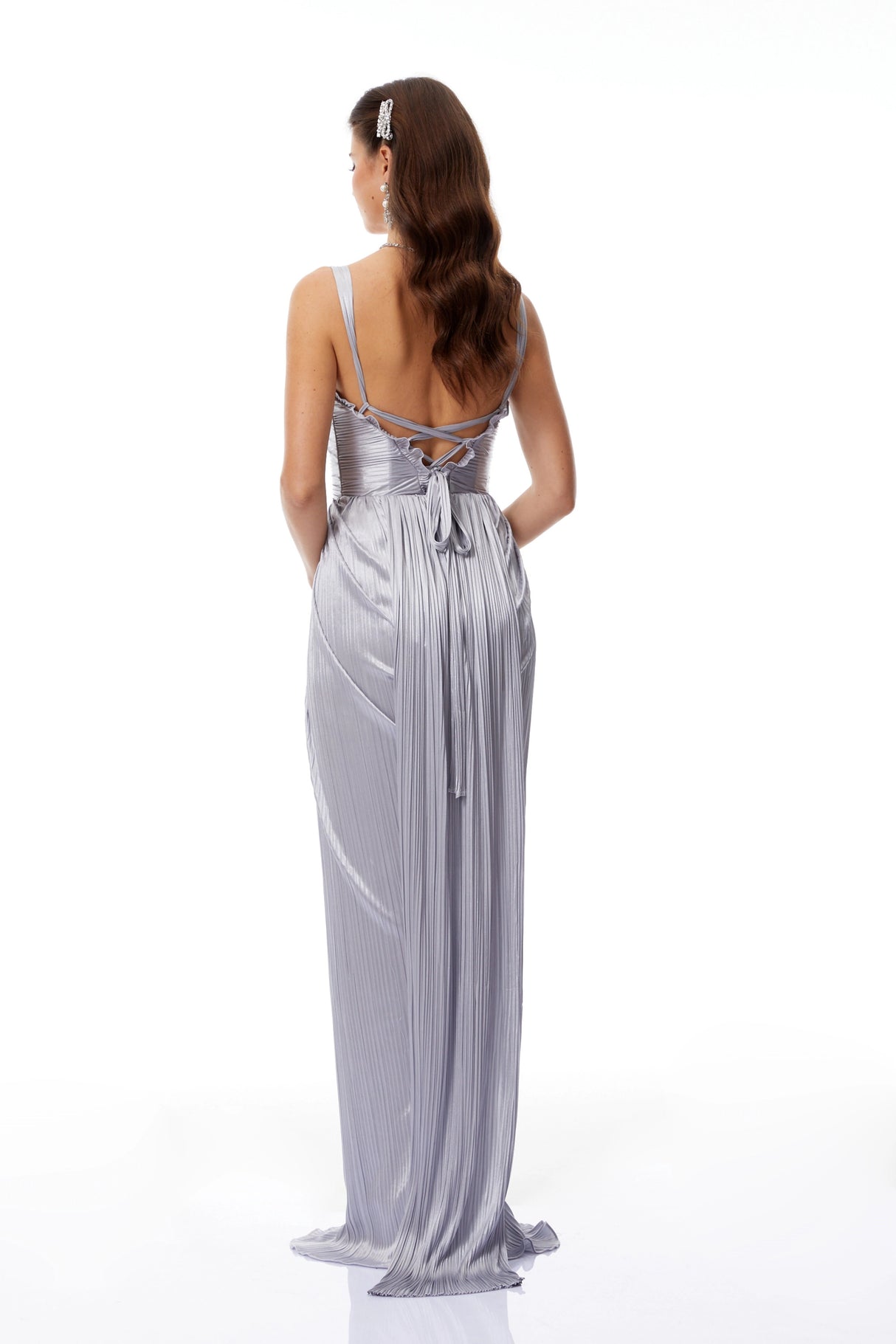 Nicoletta Silver Glossy Pleated Corset Maxi Dress