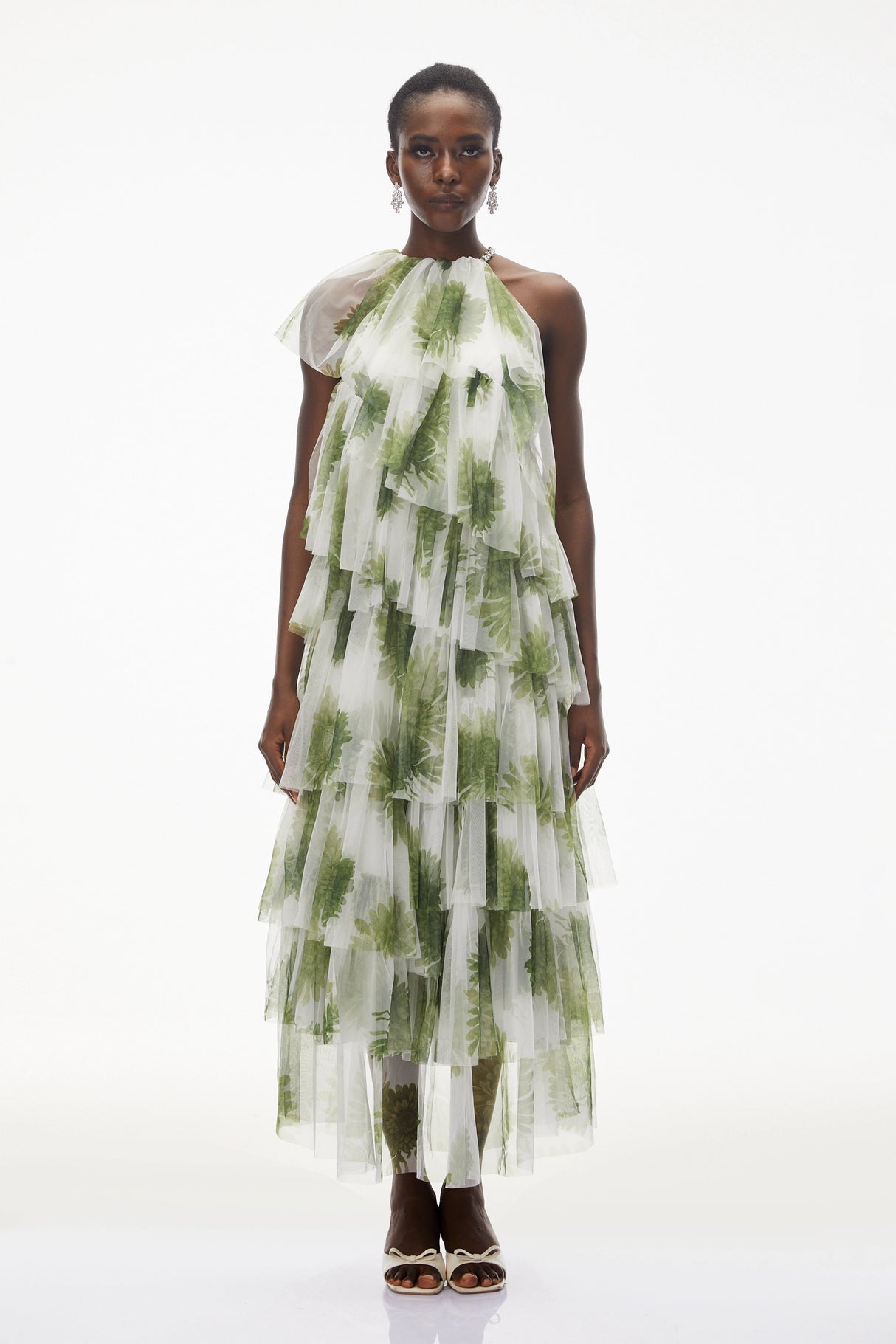 Nitzan Green Printed Tiered Maxi Dress with Sheer Overlay