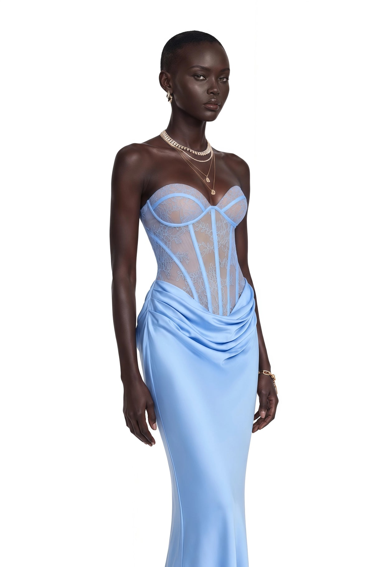 Noelle Blue Off Shoulder Maxi Dress with Lace Panels