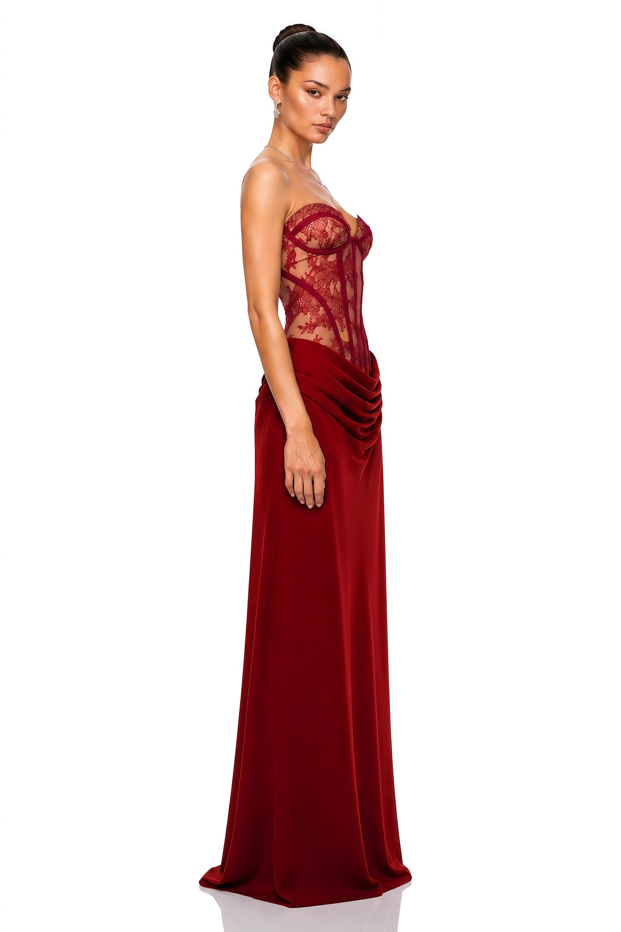 Noelle Red Off Shoulder Maxi Dress with Lace Panels