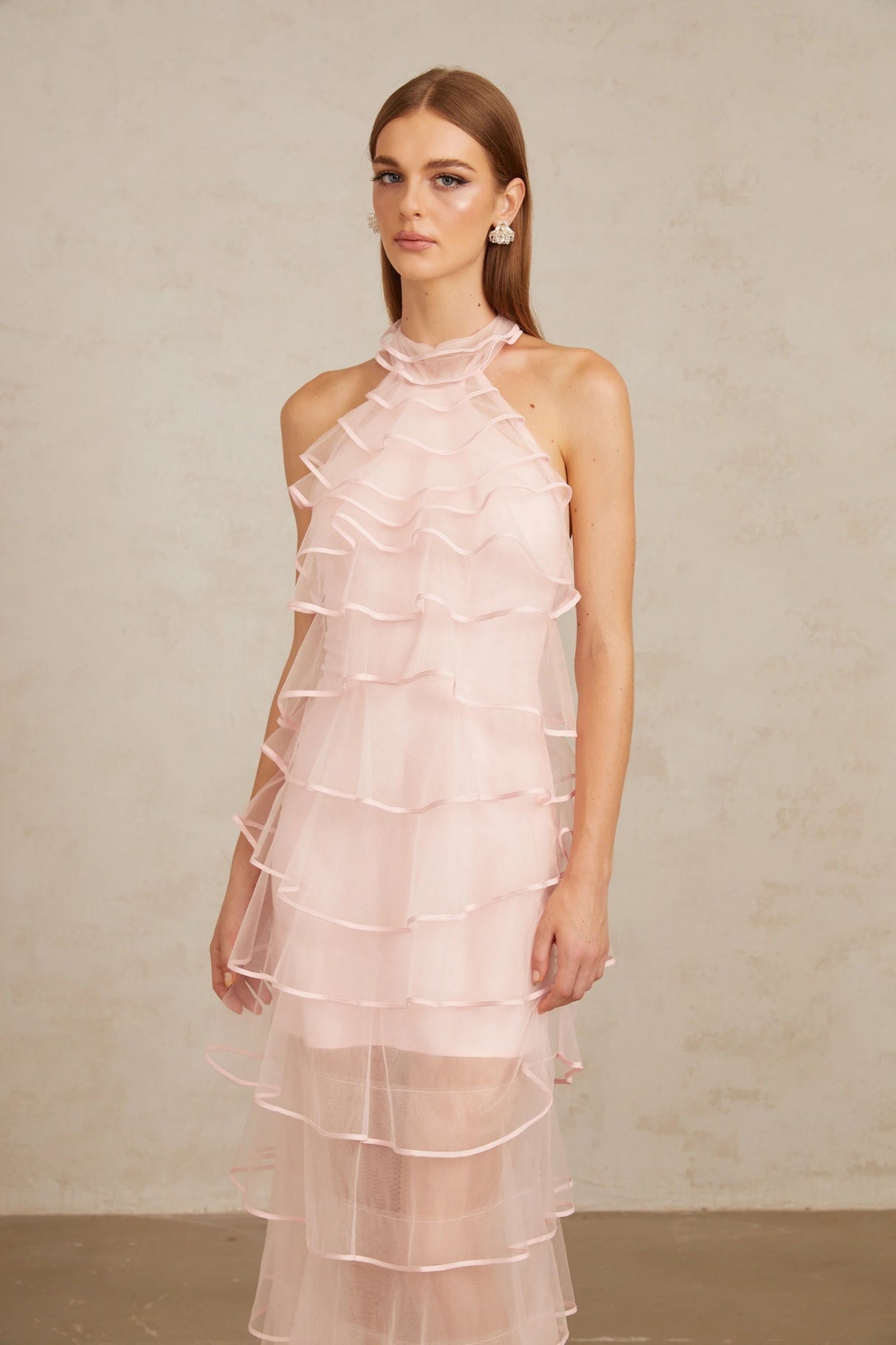 Nonchalante Pink Tiered Halterneck Maxi Dress
