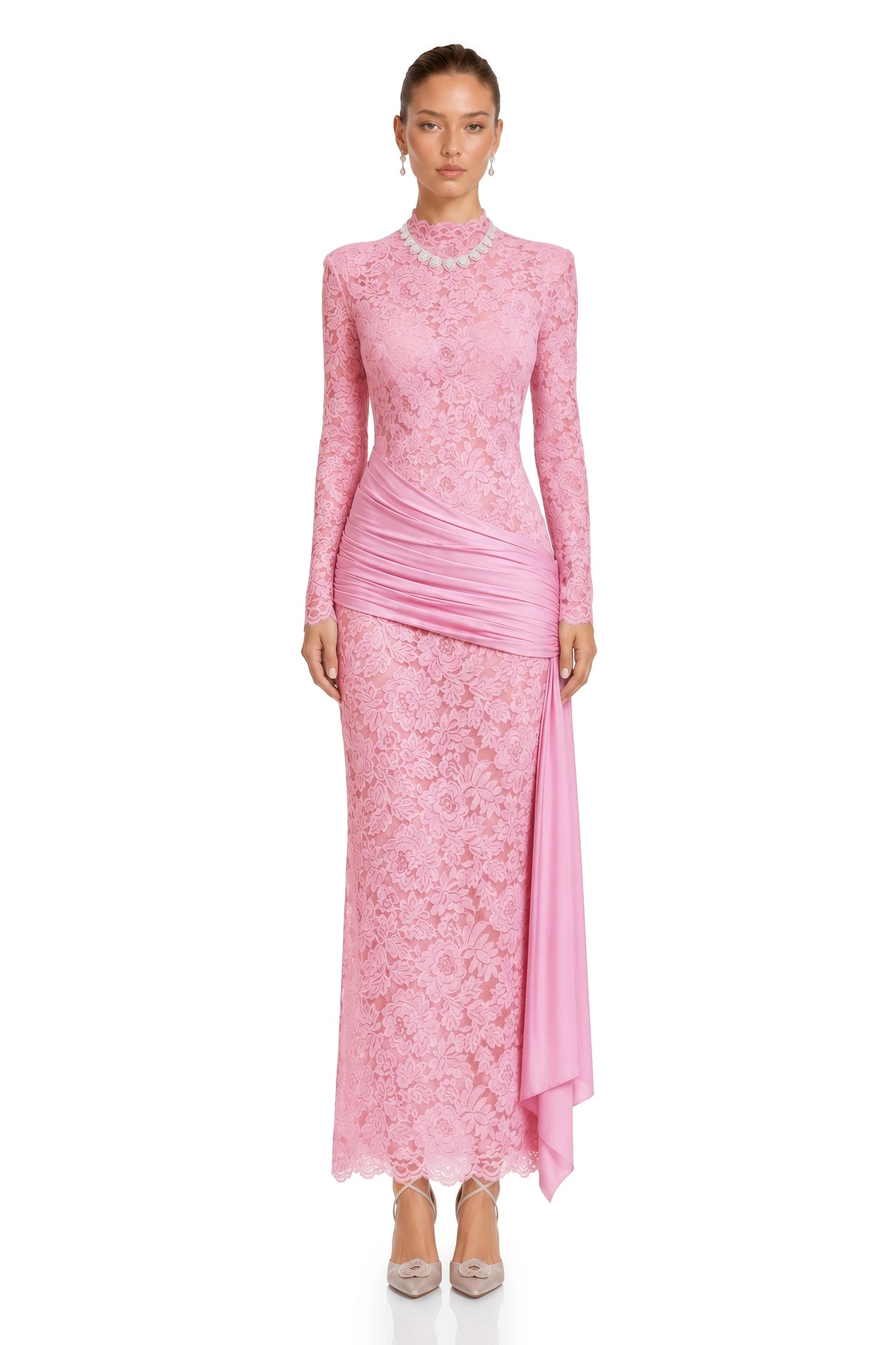 Nuria Pink Ribbon Detail Floral Lace Midi Dress