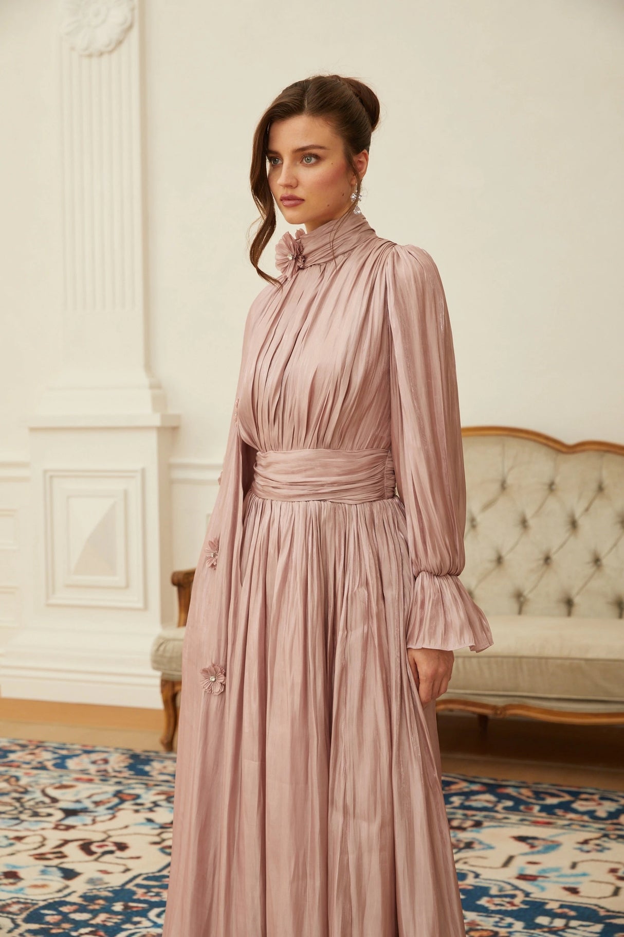 Oaklyn Pink Floral Pleated Cape Maxi Dress