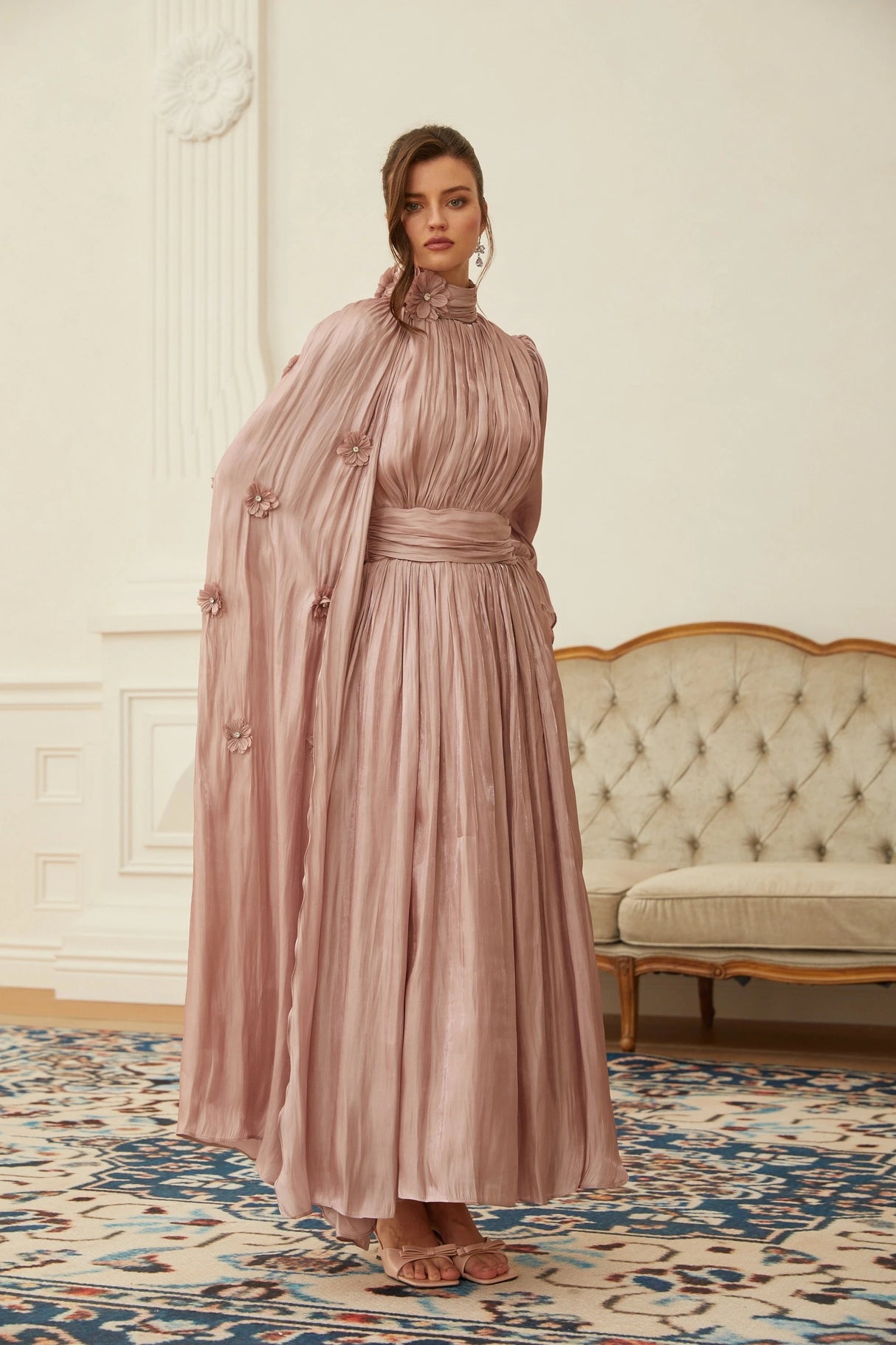 Oaklyn Pink Floral Pleated Cape Maxi Dress