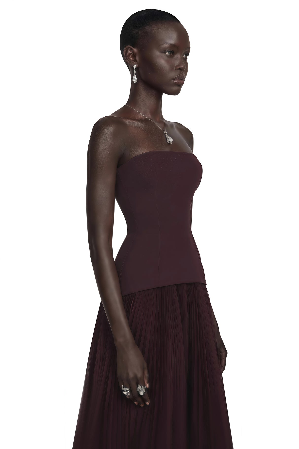 Océane Brown Off Shoulder Pleated Maxi Dress with 3D Florals
