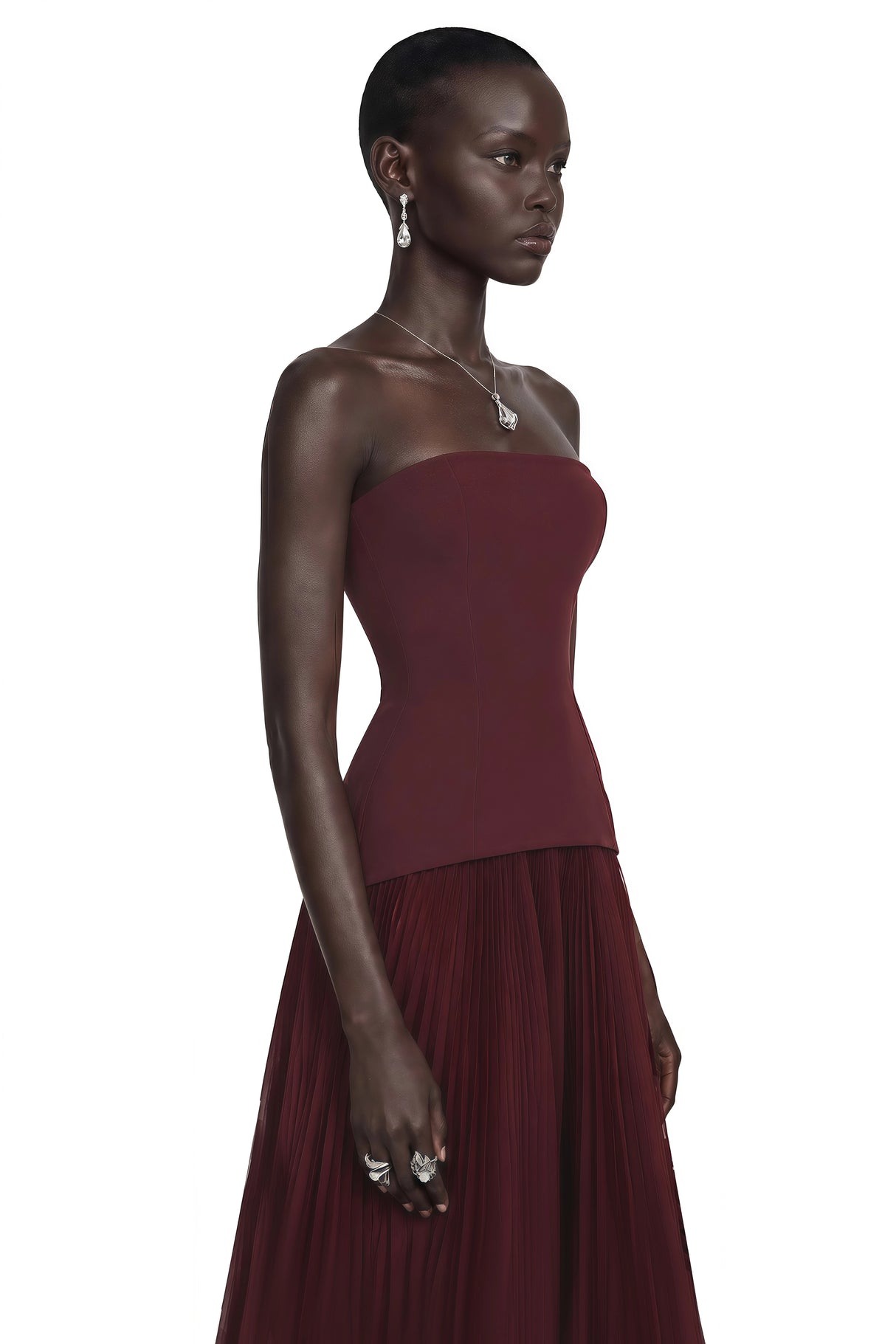 Océane Burgundy Off Shoulder Pleated Maxi Dress with 3D Florals