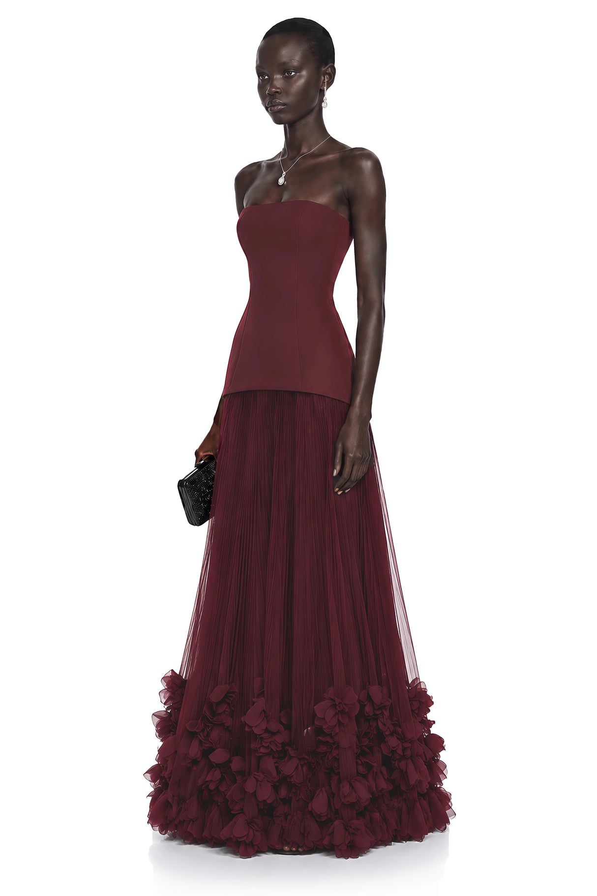 Océane Burgundy Off Shoulder Pleated Maxi Dress with 3D Florals