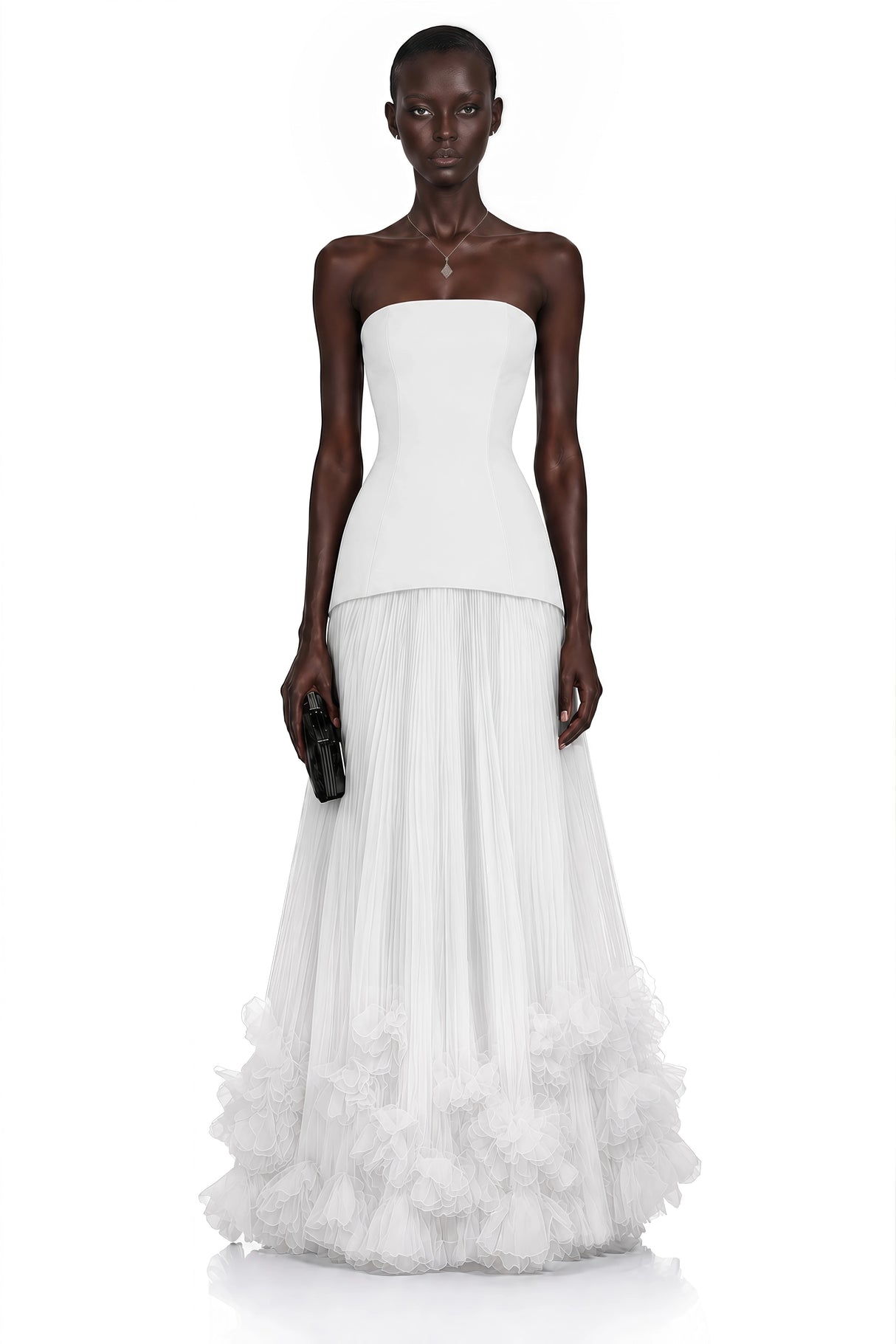 Océane White Off Shoulder Pleated Maxi Dress with 3D Florals