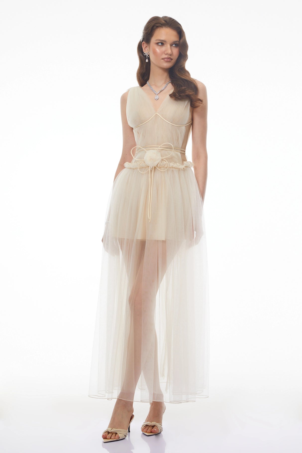 Octavia Beige Vneck Semisheer Ruched Maxi Dress