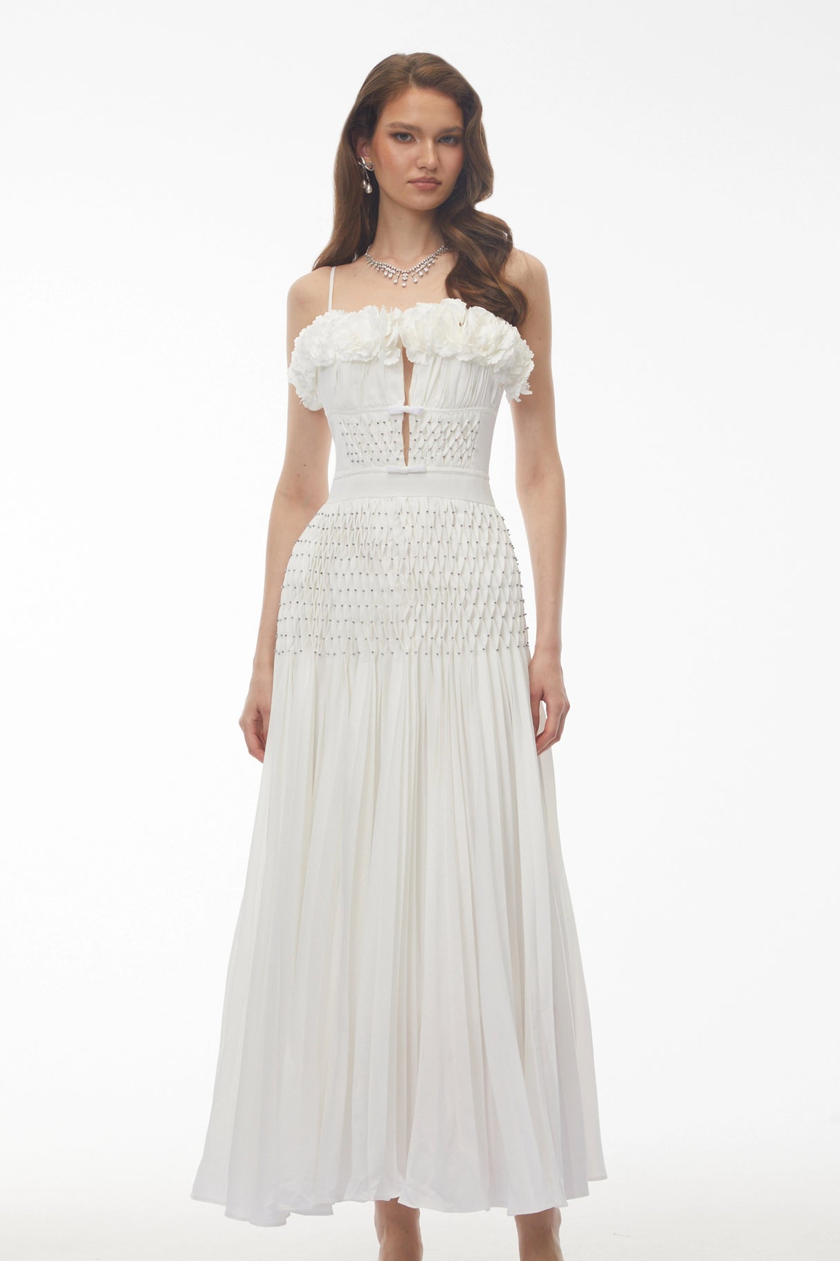 Octavia White Pleated Maxi Dress with 3D Floral