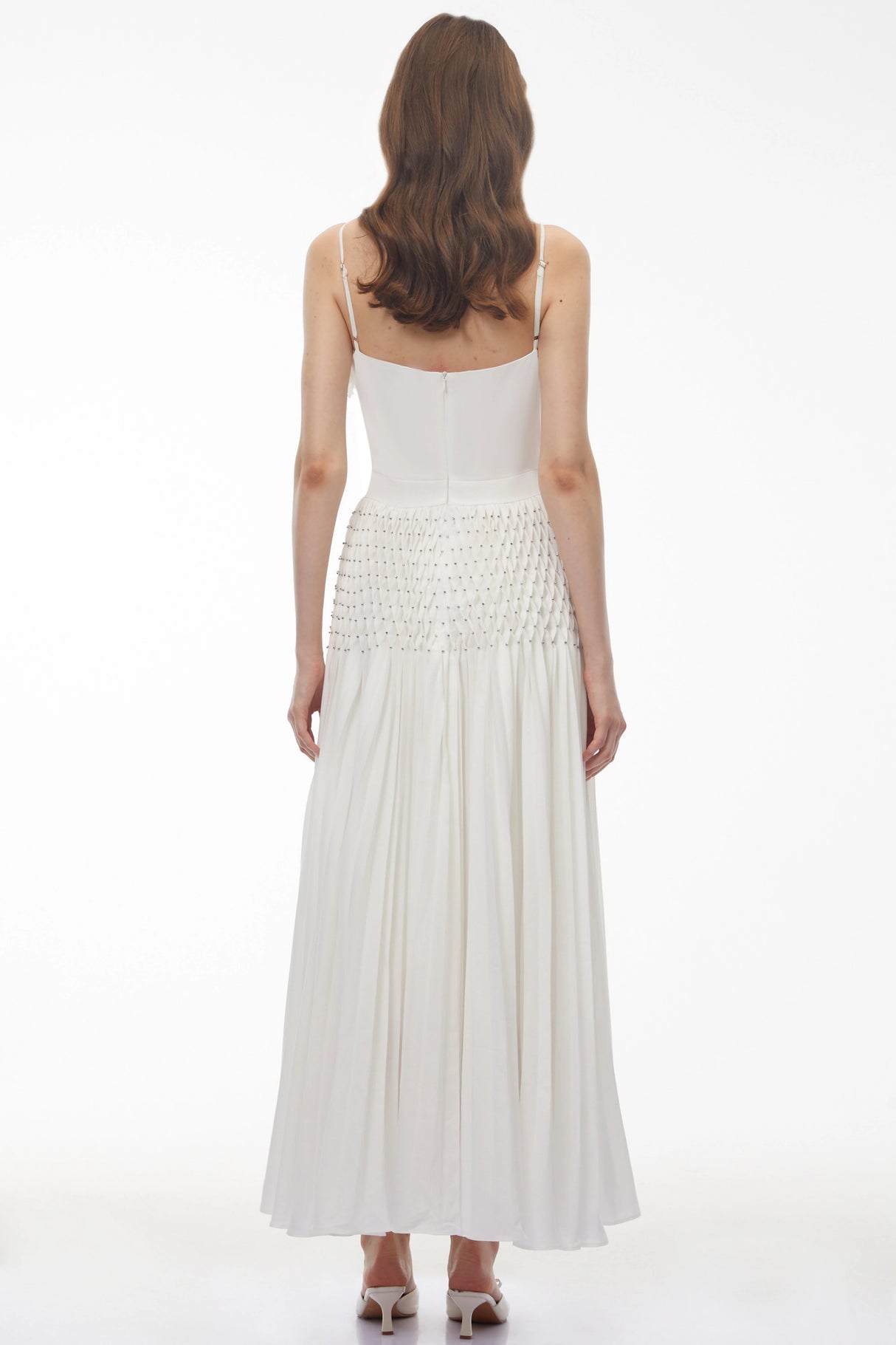 Octavia White Pleated Maxi Dress with 3D Floral
