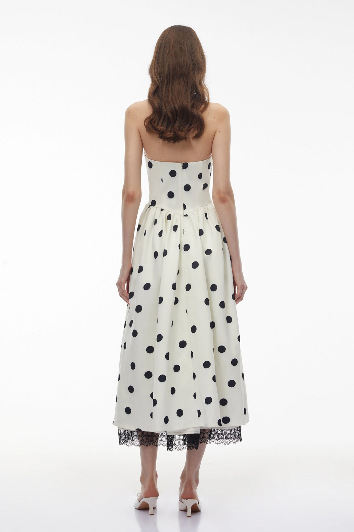 Odelia White Polka Dot Midi Dress with Lace Trim