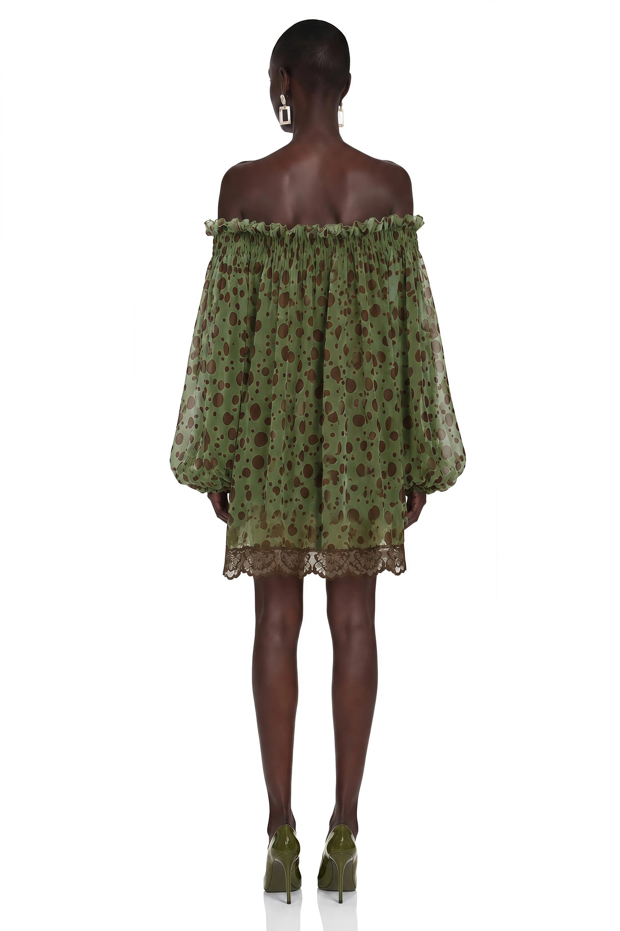 Odile Olive Green Off Shoulder Polka Dot Mini Dress