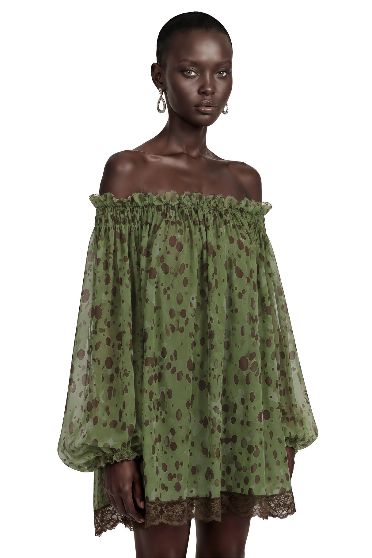 Odile Olive Green Off Shoulder Polka Dot Mini Dress