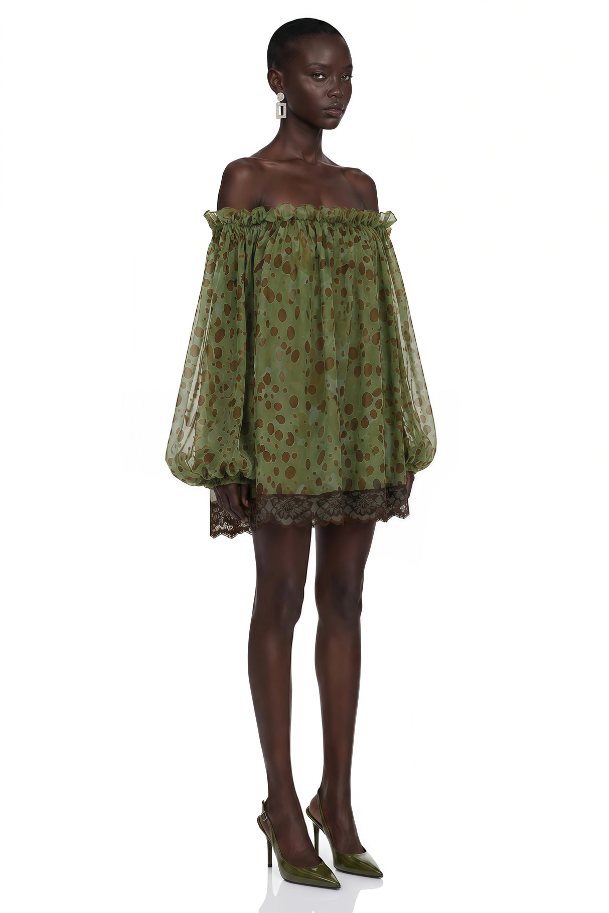 Odile Olive Green Off Shoulder Polka Dot Mini Dress